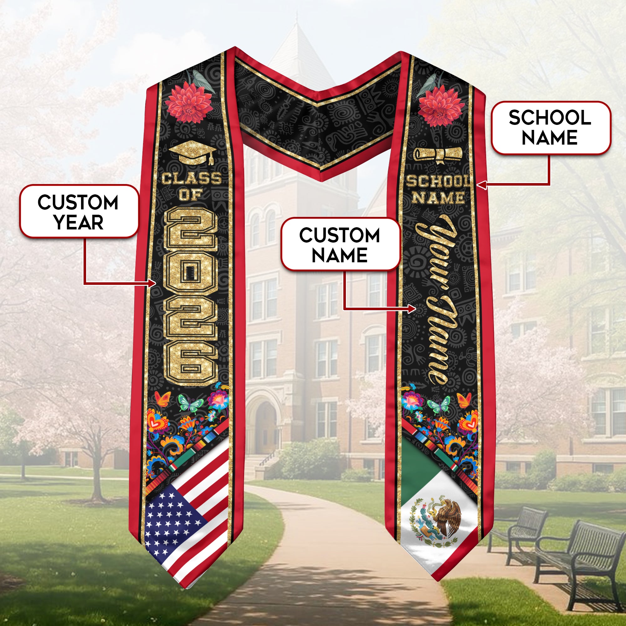 Mexican Graduation Stole 2026, Mexican Flag Sash, Custom Accent Graduation Stole 2026