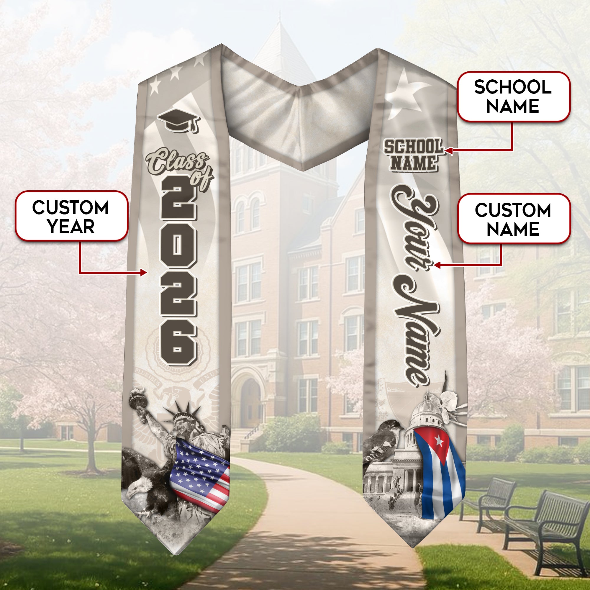 Cuban Flag Graduation Stole 2026, Cuba Stole Sash, Custom Touch for Class of 2026