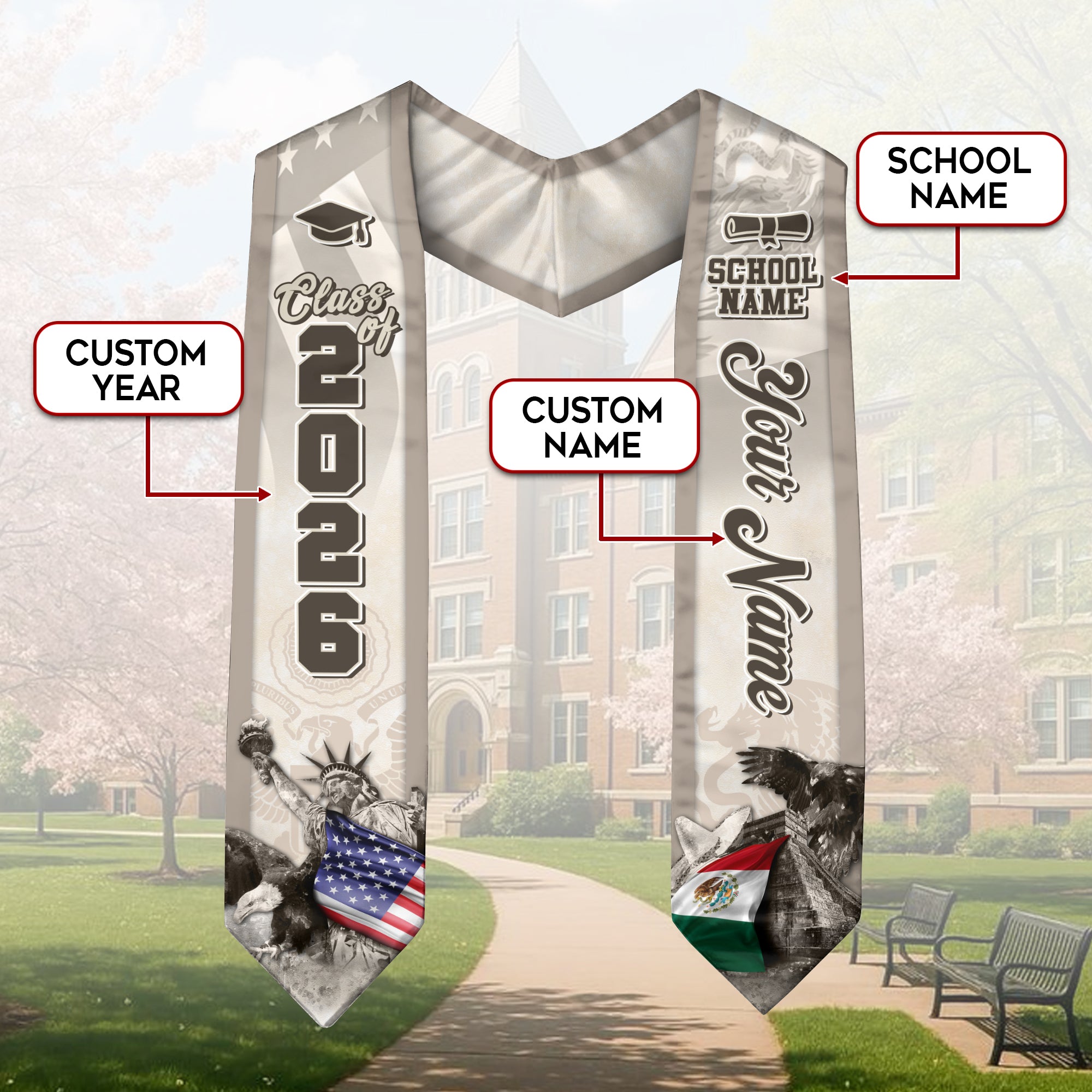 Mexican Flag Graduation Stole 2026, Mexico Stole Sash, Custom Touch for Class of 2026