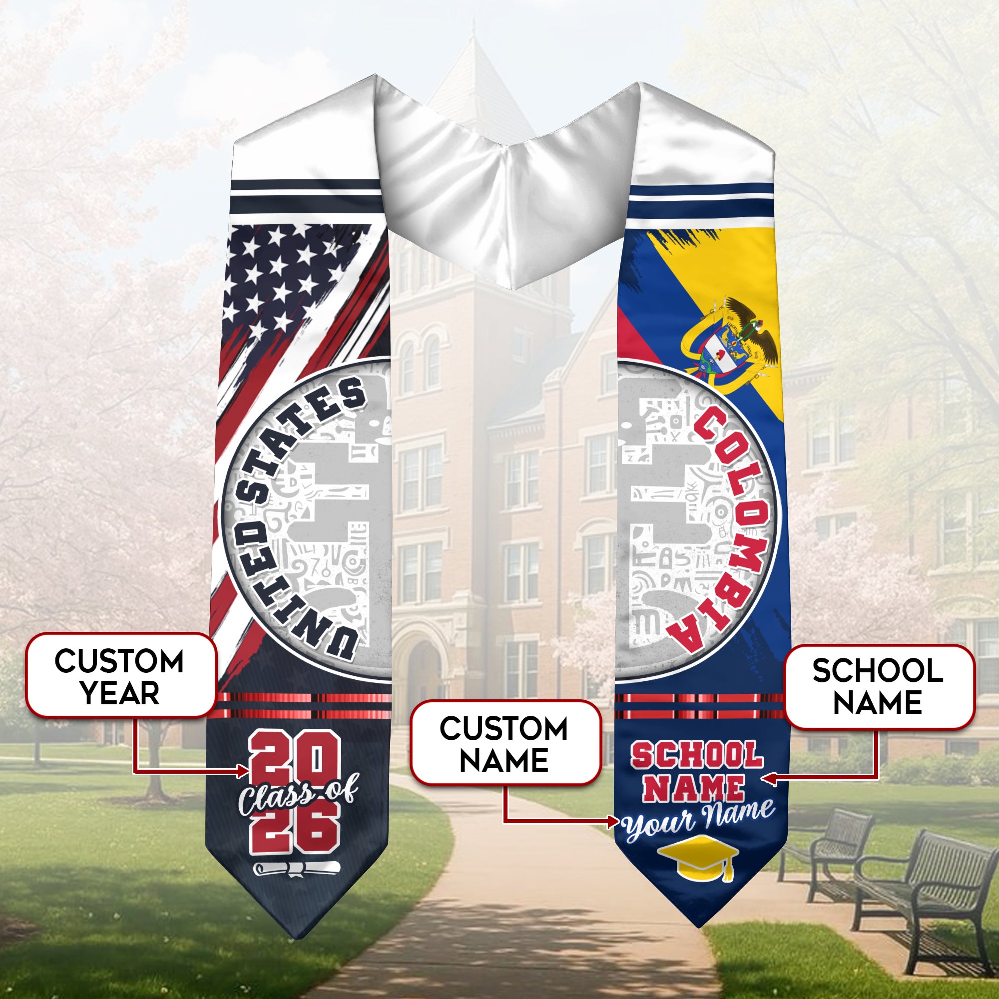 Colombia Flag Graduation Stole 2026, Colombian Grad Sash, Graduation Stole with Custom Details