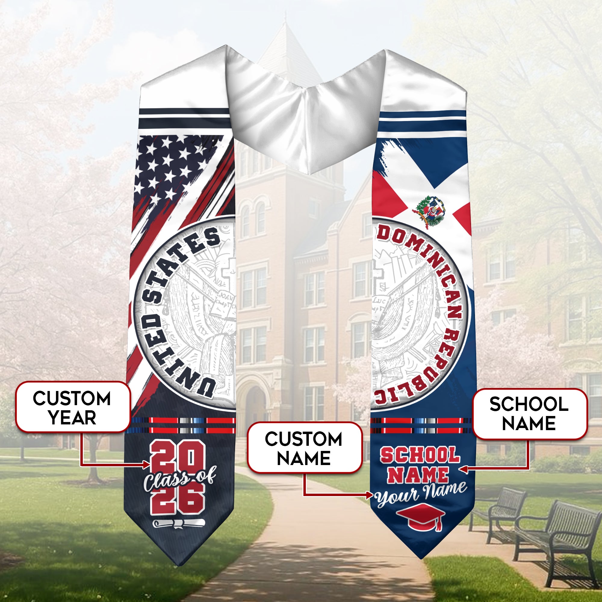 Dominican Flag Graduation Stole 2026, Dominican Grad Sash, Graduation Stole with Custom Details