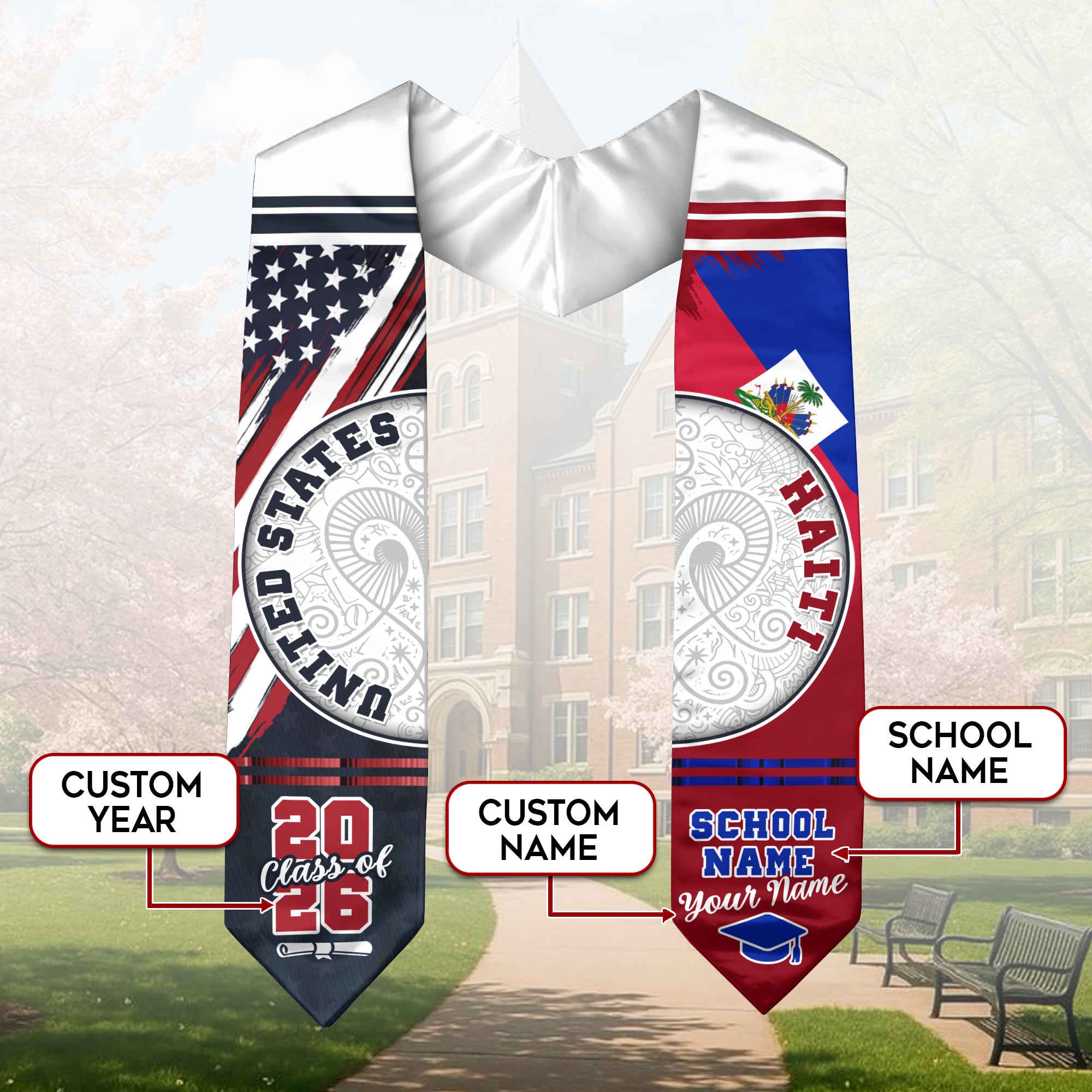 Haiti Flag Graduation Stole 2026, Haitian Grad Sash, Graduation Stole with Custom Details