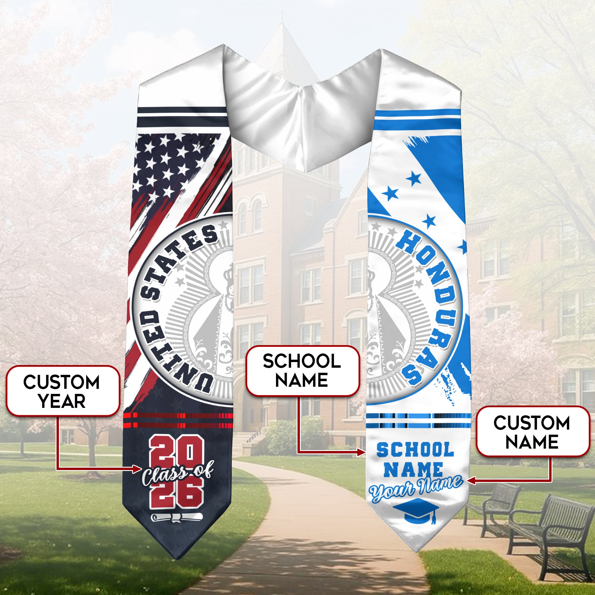 Honduras Flag Graduation Stole 2026, Honduran Grad Sash, Graduation Stole with Custom Details