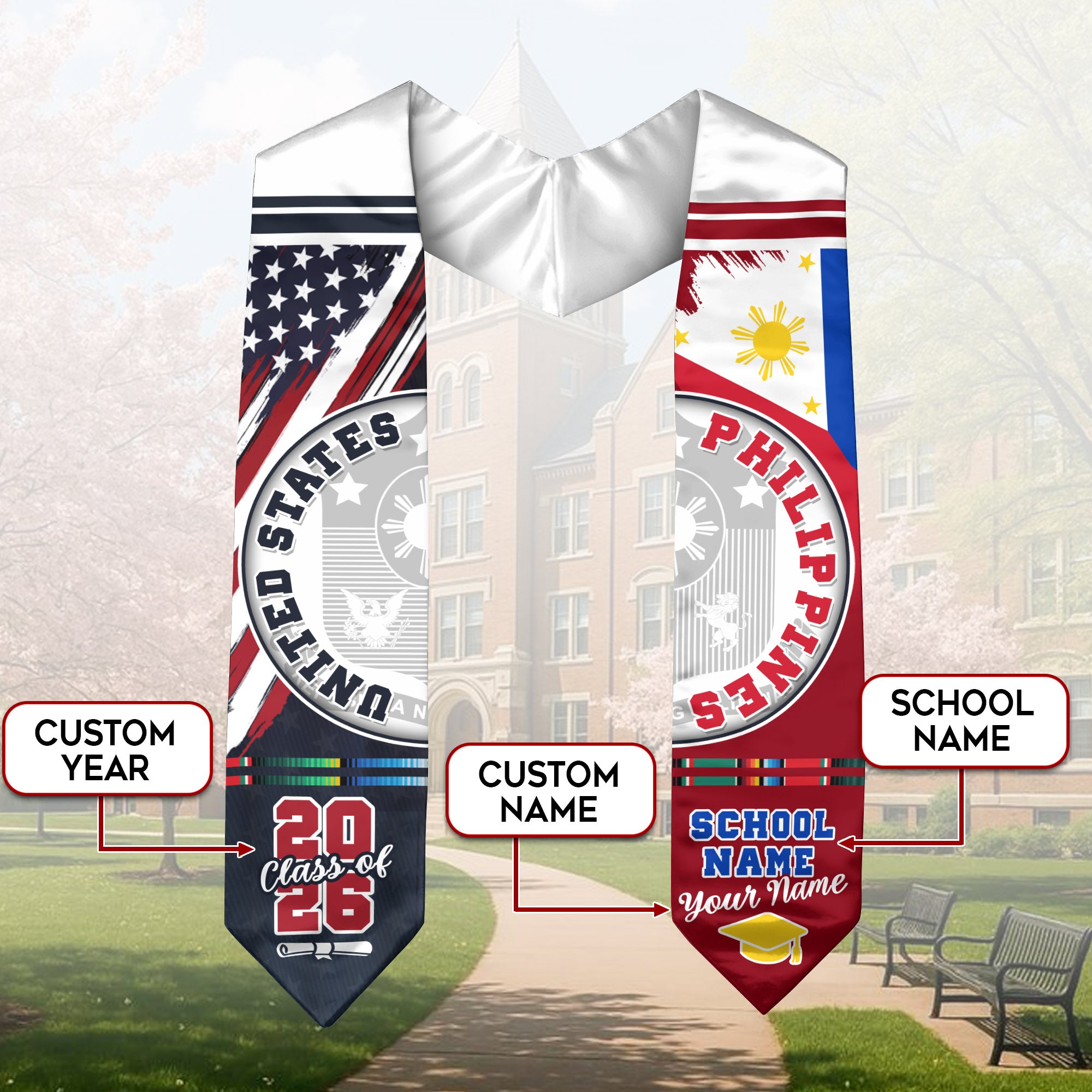 Philippines Flag Graduation Stole 2026, Filipino Grad Sash, Graduation Stole Custom Details