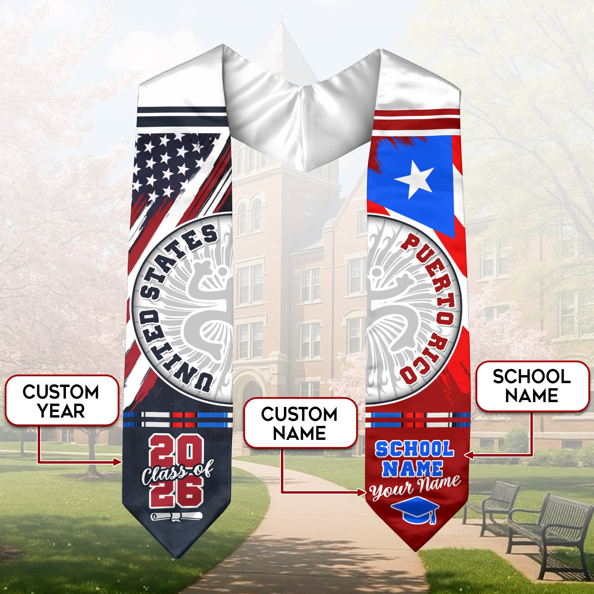Puerto Rico Flag Graduation Stole 2026, Puerto Rican Grad Sash, Custom Details for 2026
