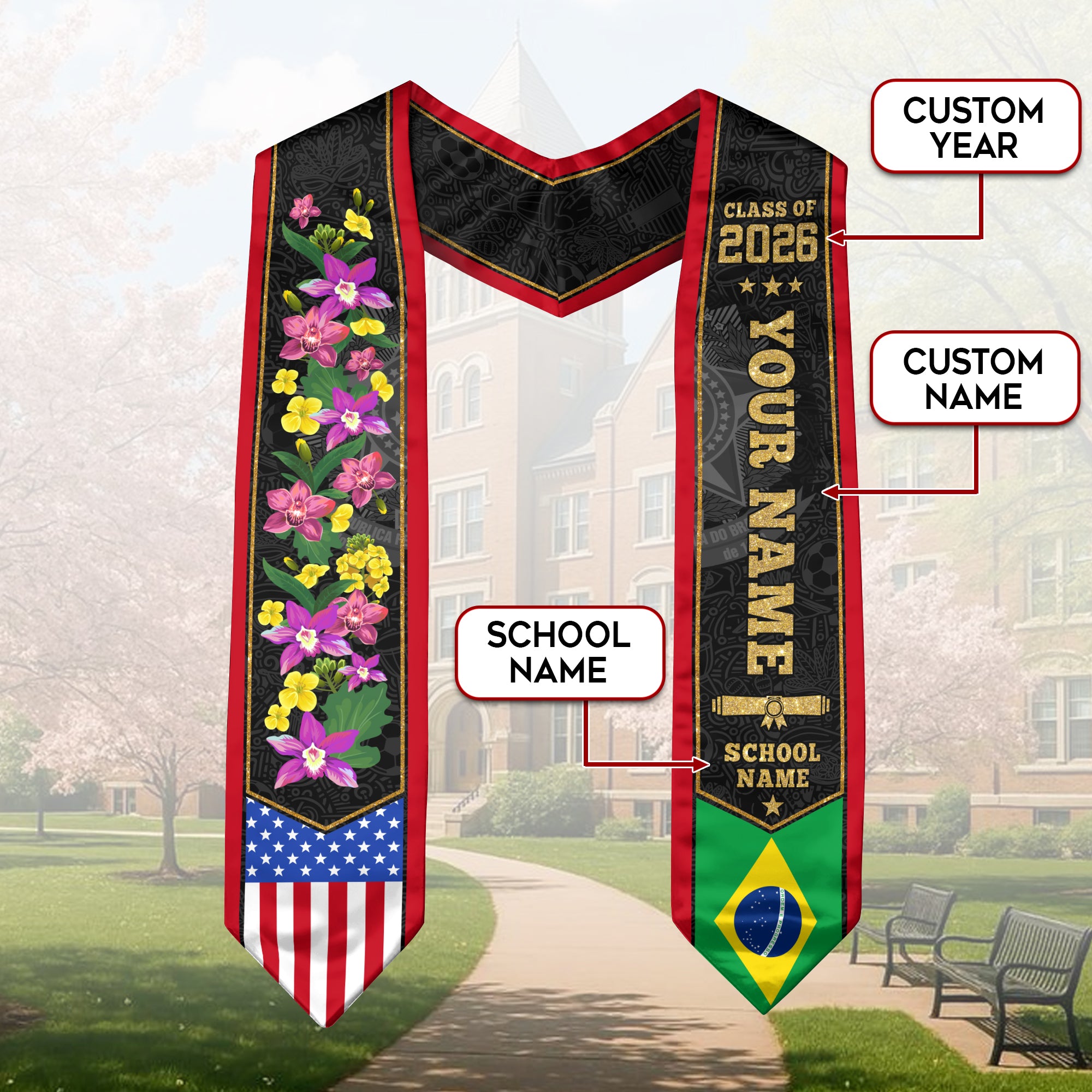 Brazil Graduation Stole 2026, Brazilian Flag Graduation Sash, Custom Grad Stole 2026
