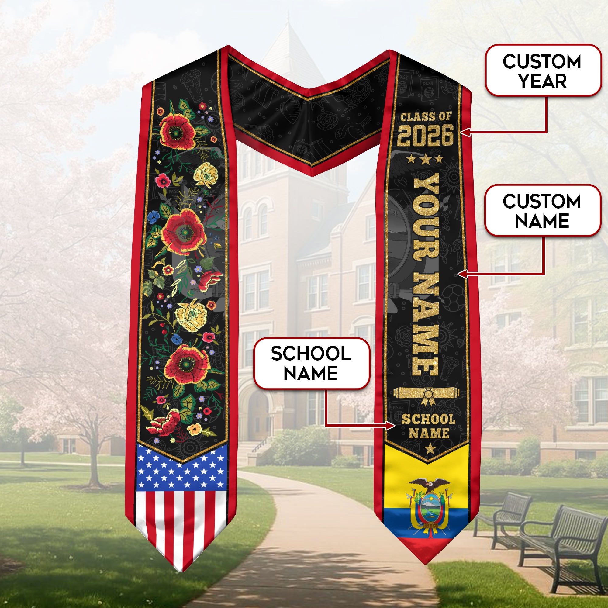 Ecuador Graduation Stole 2026, Ecuadorian Flag Graduation Sash, Custom Grad Stole 2026