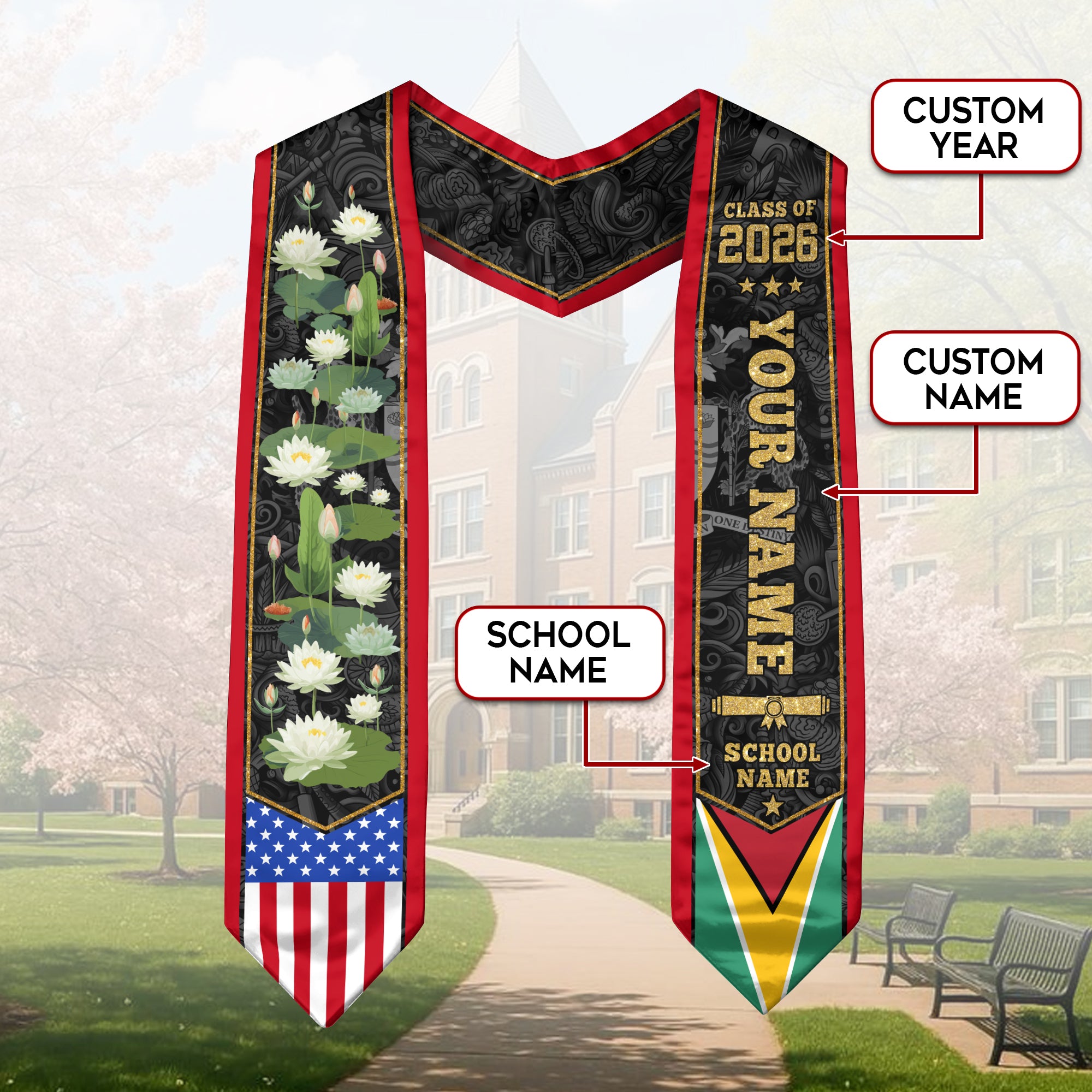 Guyana Graduation Stole 2026, Guyanese Flag Graduation Sash, Custom Grad Stole 2026