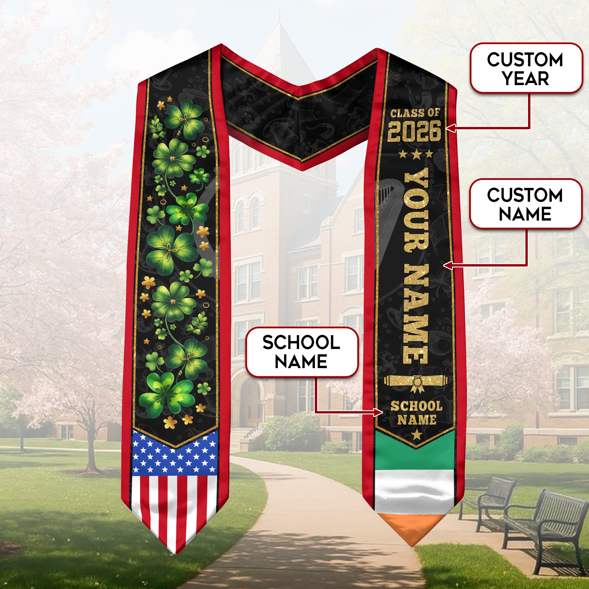 Ireland Graduation Stole 2026, Irish Flag Graduation Sash, Custom Grad Stole for 2026