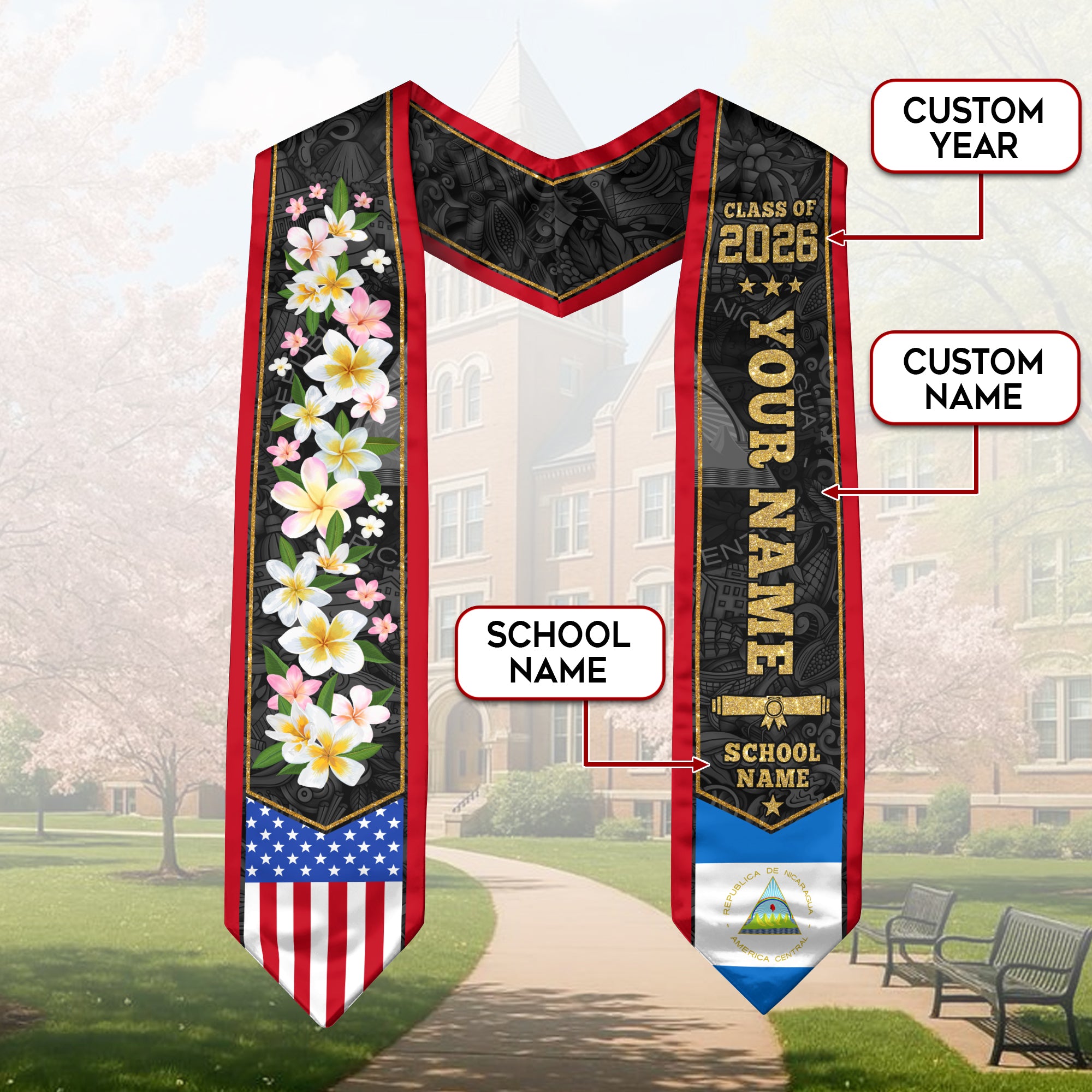 Nicaragua Graduation Stole 2026, Nicaraguan Flag Sash, Graduation Stole with Custom Accent