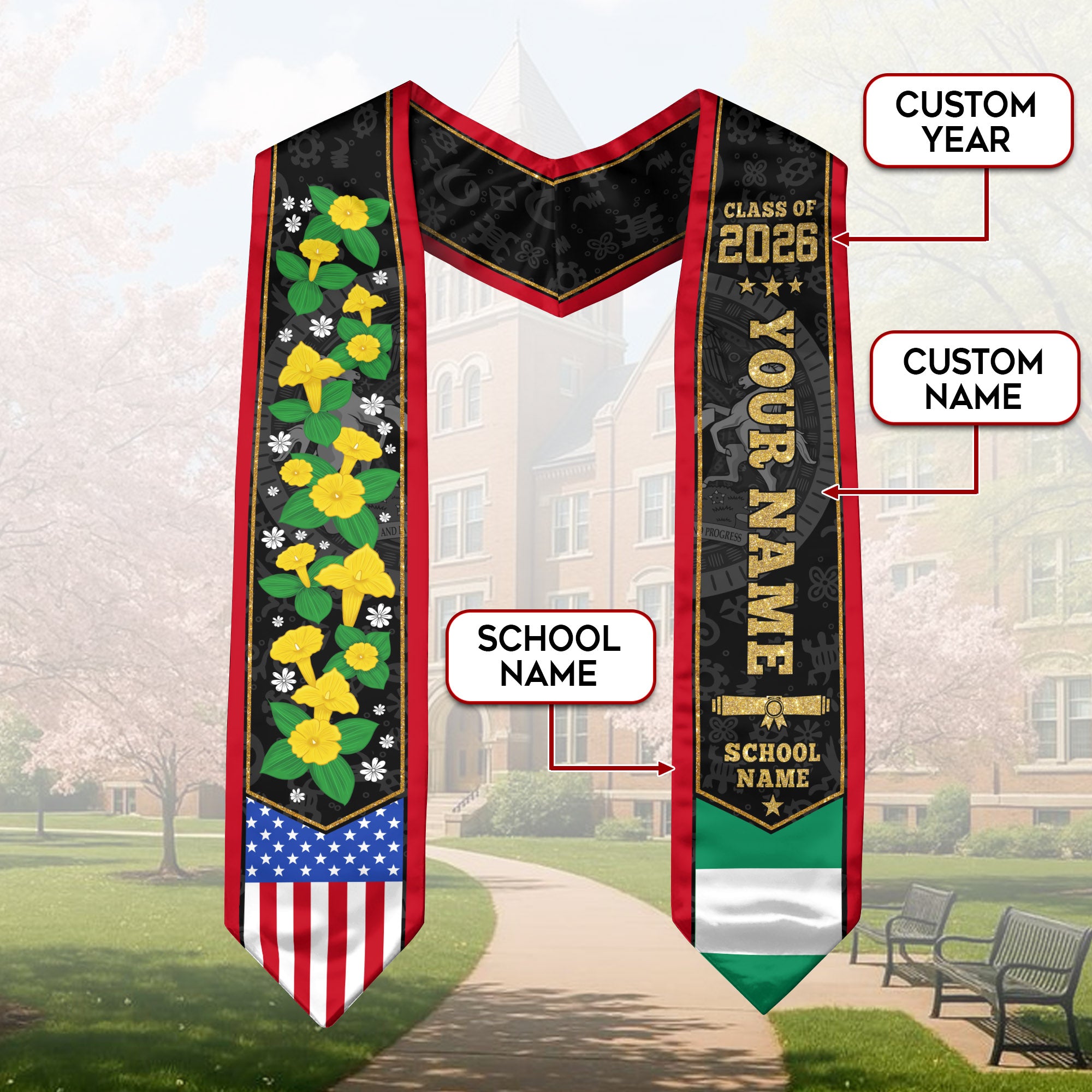 Nigeria Graduation Stole 2026, Nigerian Flag Sash, Graduation Stole with Custom Accent