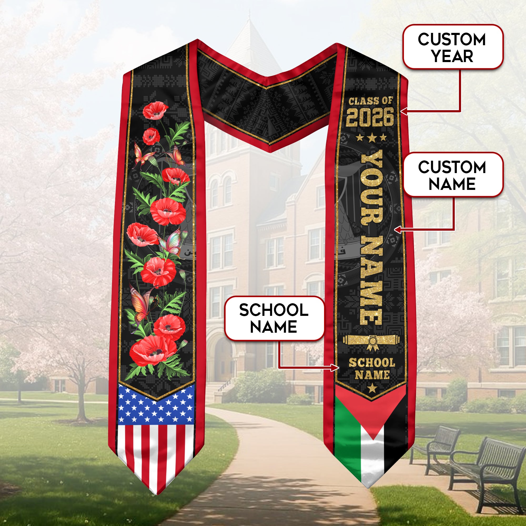 Palestine Graduation Stole 2026, Palestinian Flag Sash, Graduation Stole with Custom Accent