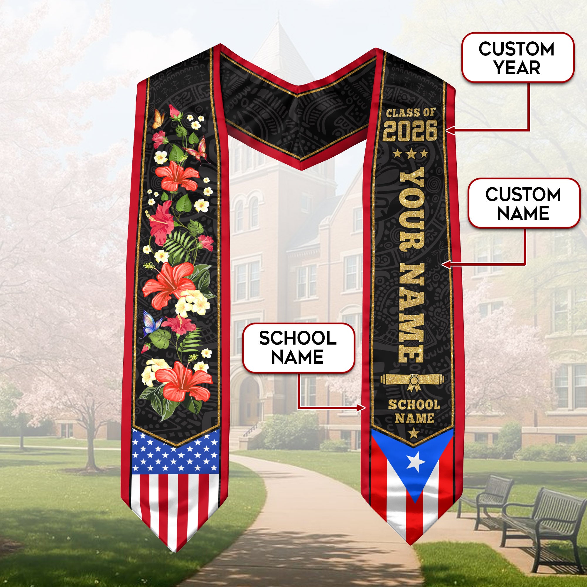 Puerto Rico Graduation Stole 2026, Puerto Rican Flag Sash, Stole with Custom Accent