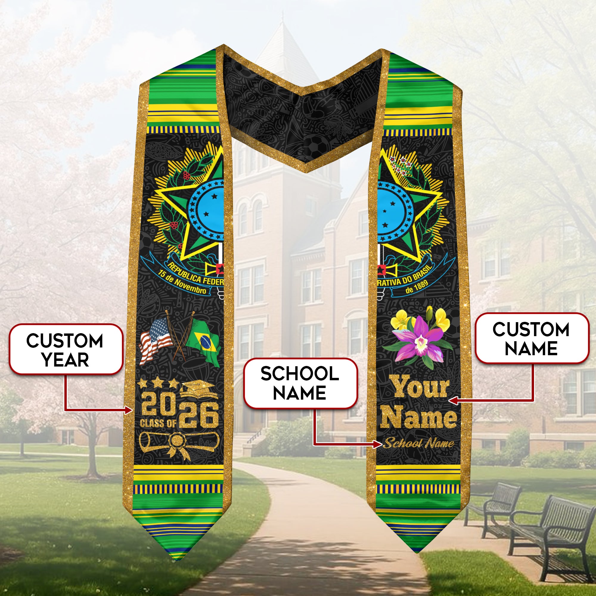 Brazilian Flag Graduation Sash 2026, Brazil Graduation Stole, Custom Graduation Stole