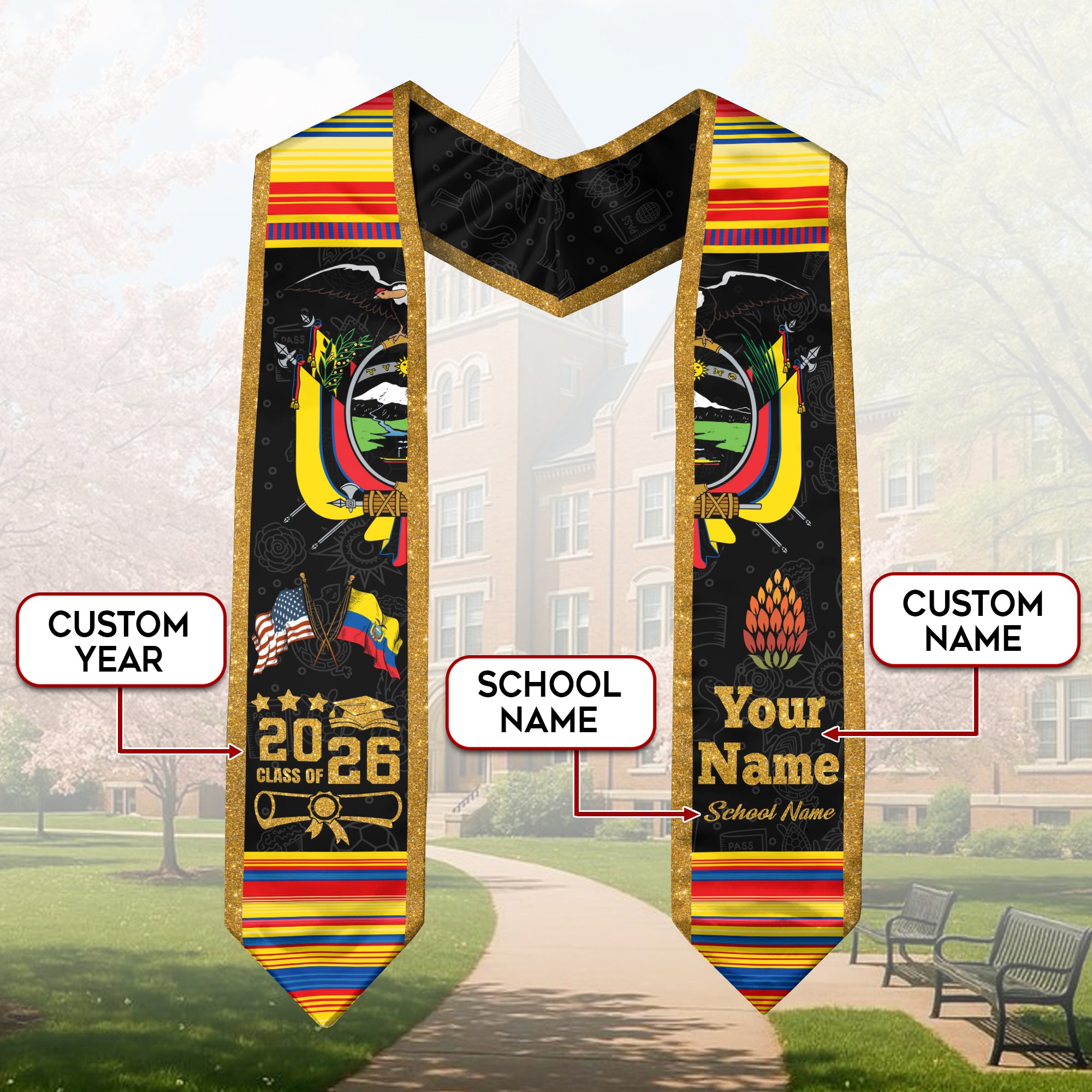 Ecuadorian Flag Graduation Sash 2026, Ecuador Graduation Stole, Custom Graduation Stole