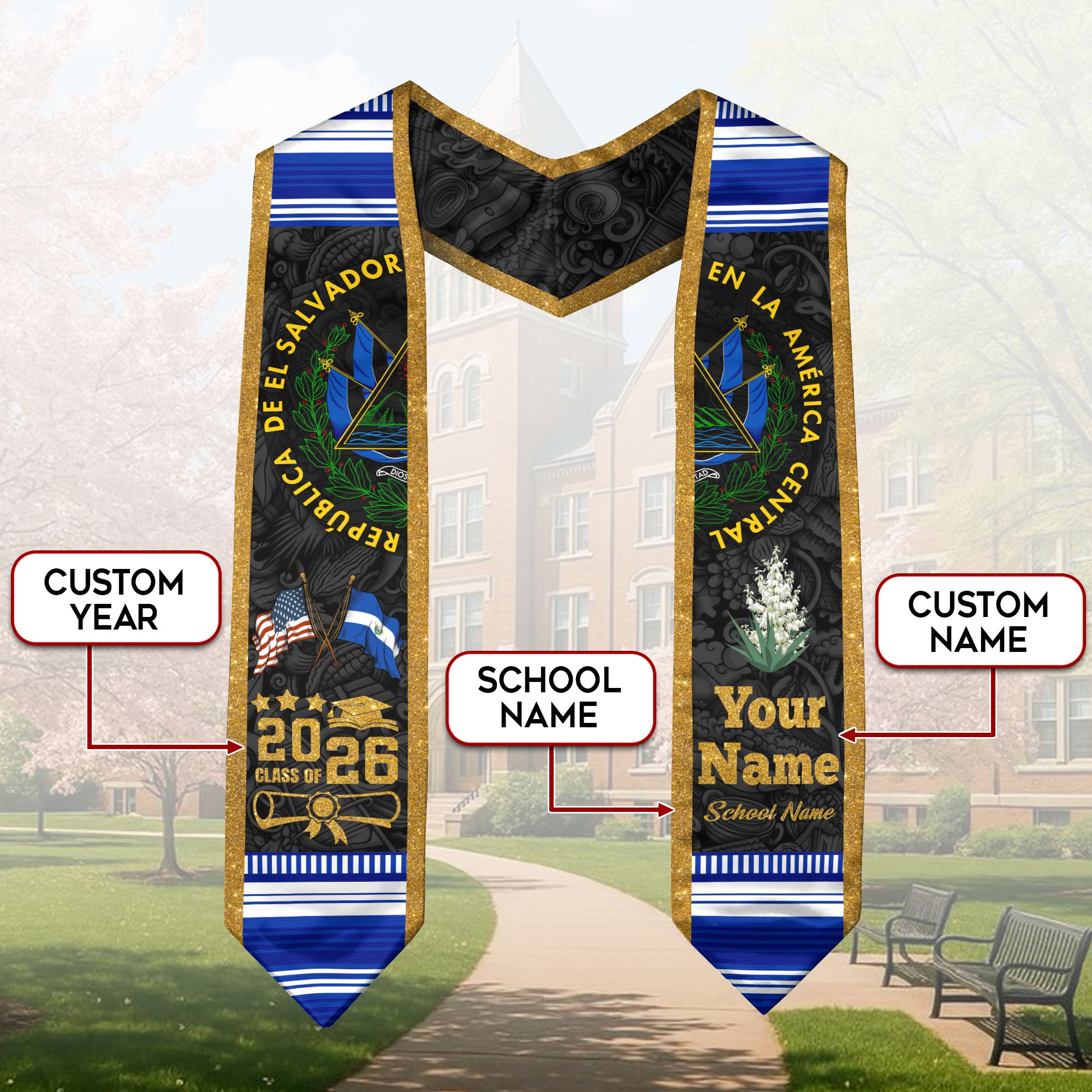 Salvadoran Flag Graduation Sash 2026, El Salvador Stole for Graduates, Grad Stole