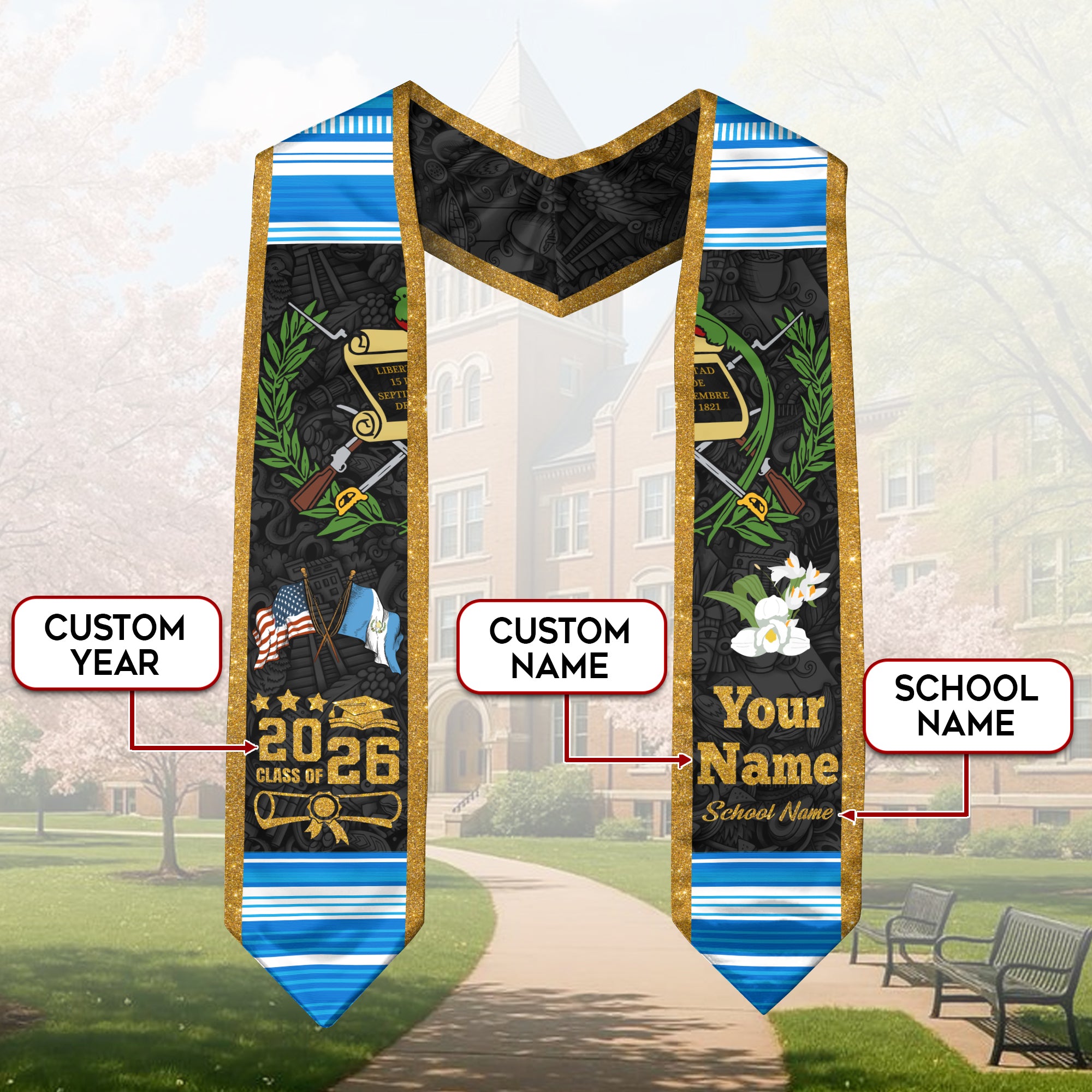 Customized Guatemala Graduation Stole 2026, Guatemalan Flag Sash, Unique Custom Graduation Design
