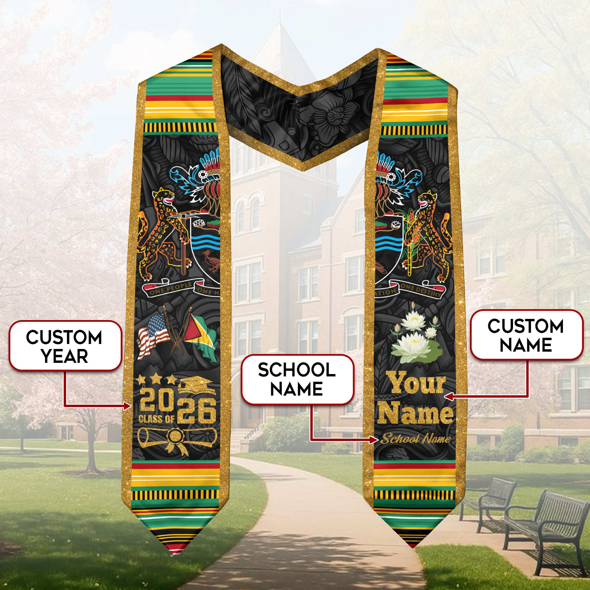 Guyanese Flag Graduation Sash 2026, Guyana Graduation Stole, Custom Graduation Stole