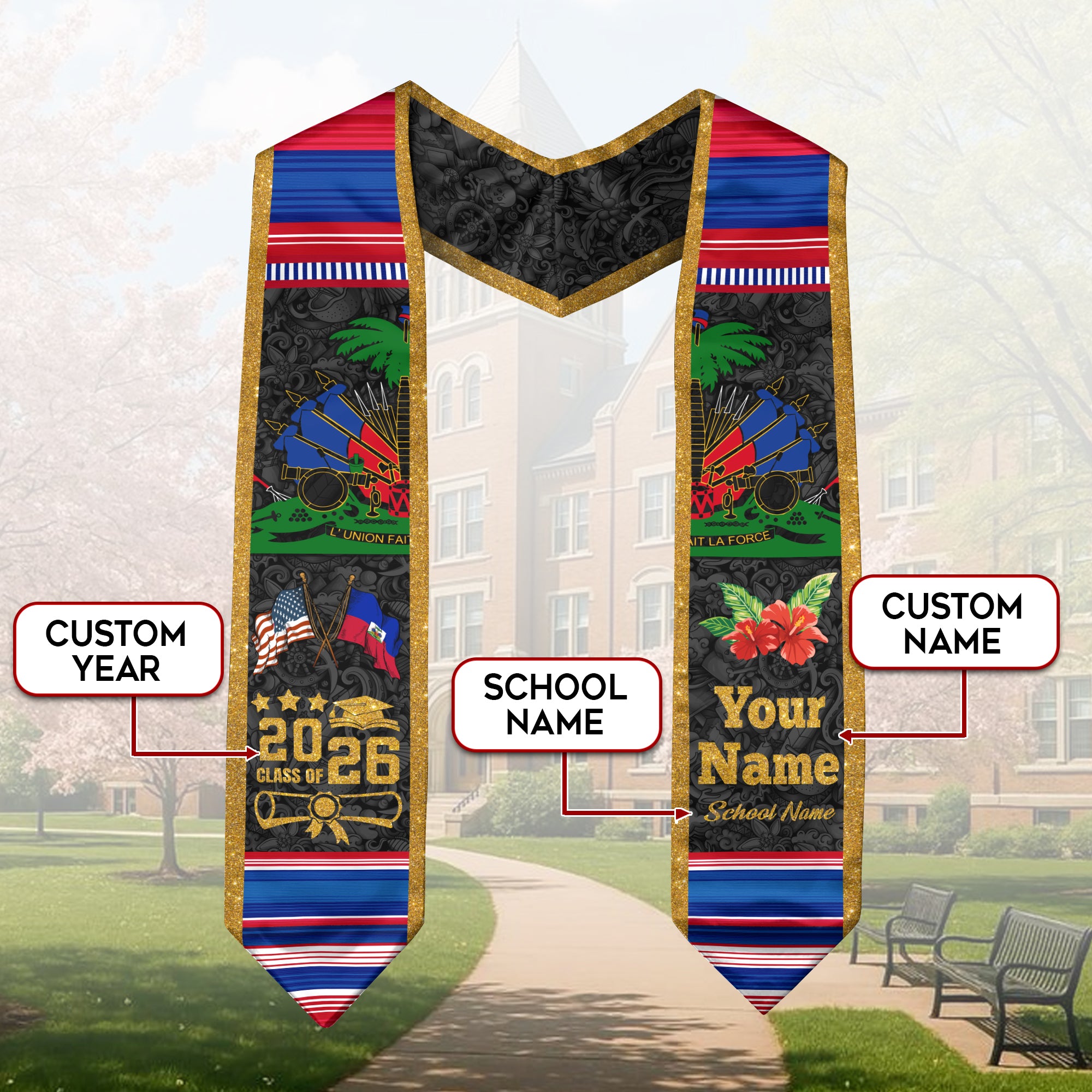 Haitian Graduation Sash 2026, Haitian Flag Graduation Sash, Stole for Graduates