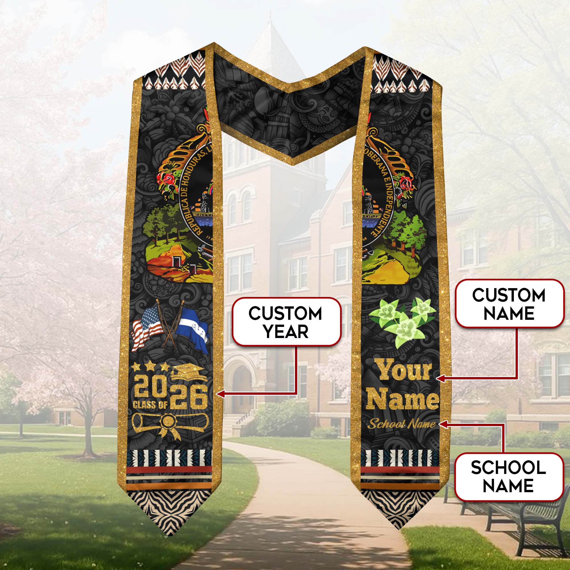 Honduras Flag Graduation Stole 2026, Honduran Stole, Honduran Graduation Sash