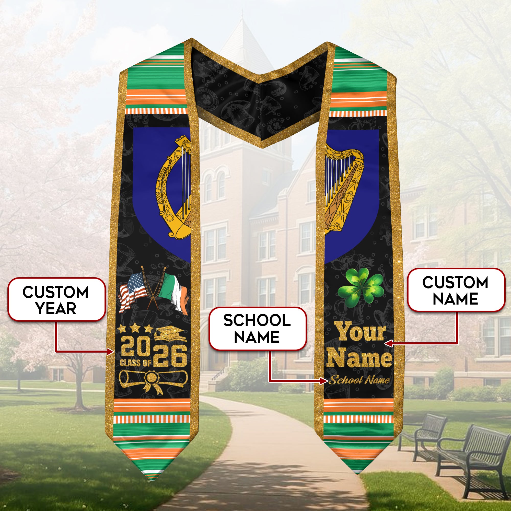 Irish Flag Graduation Sash 2026, Ireland Graduation Stole, Custom Graduation Stole 2026