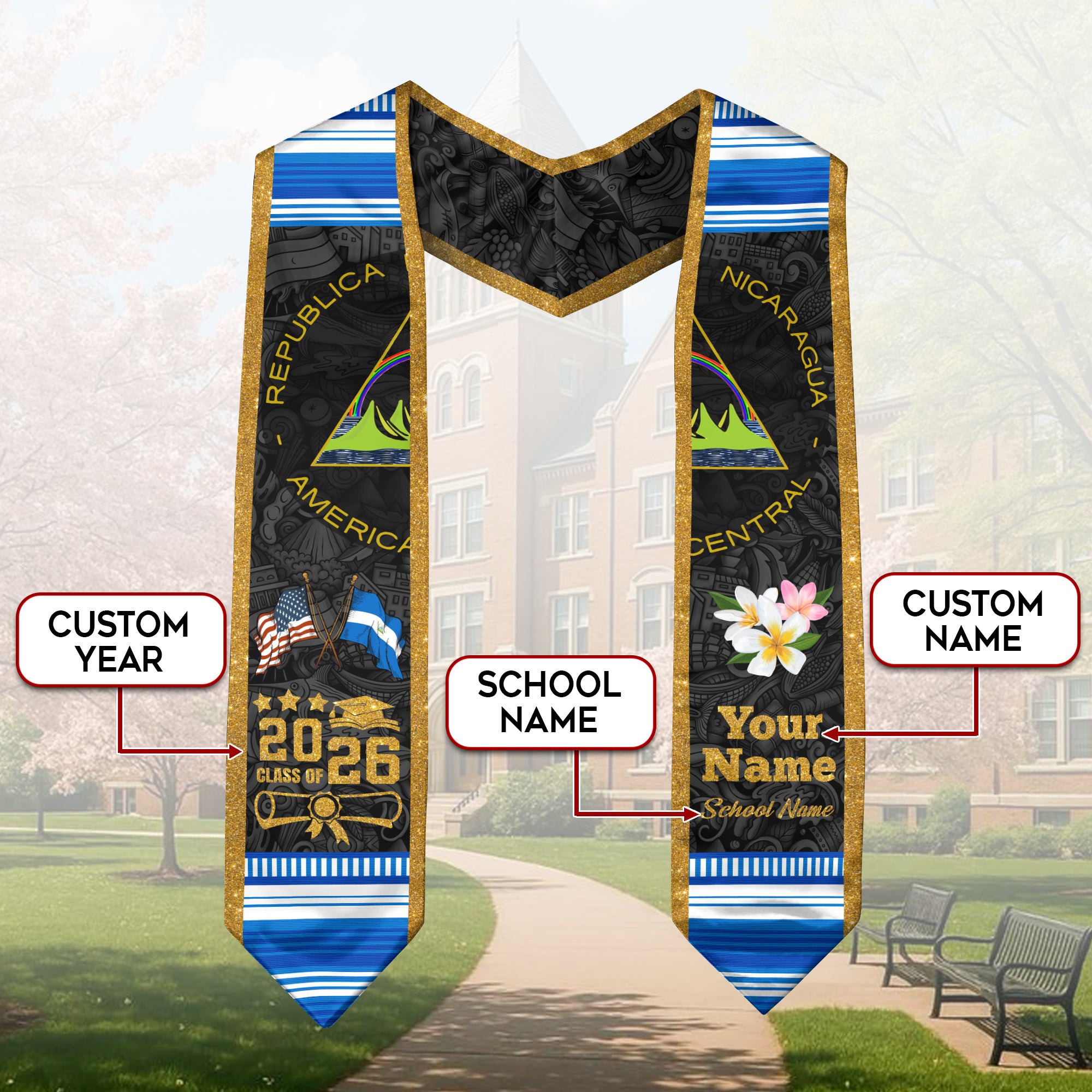 Nicaraguan Flag Graduation Sash 2026, Nicaragua Graduation Stole, Customizable Detail Sash