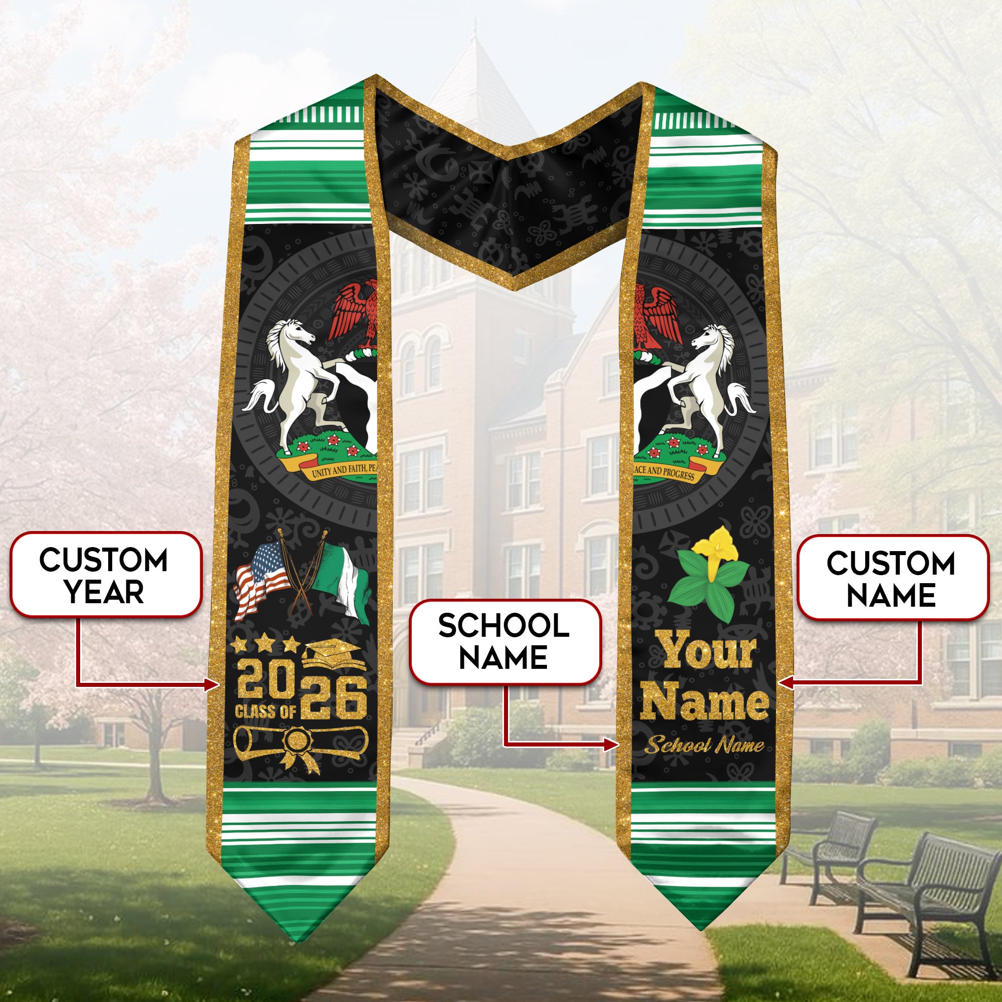 Nigerian Flag Graduation Sash 2026, Nigeria Graduation Stole, Customizable Detail Sash