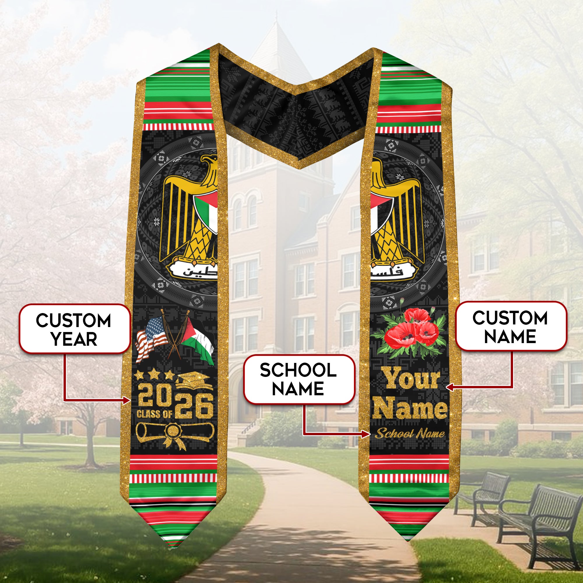 Palestinian Flag Graduation Sash 2026, Palestine Graduation Stole, Customizable Detail Sash