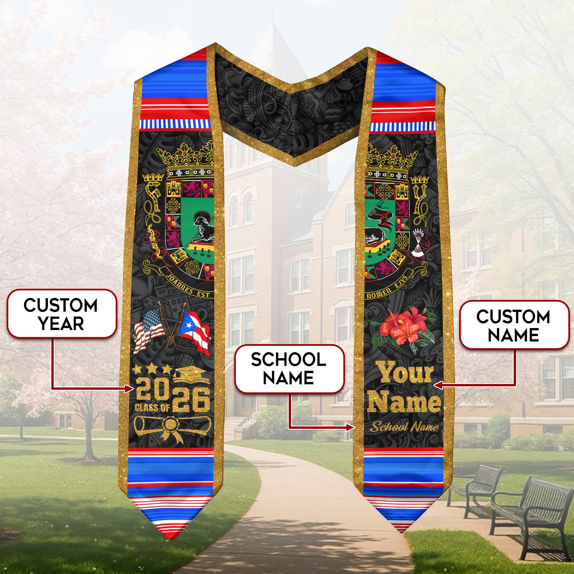 Puerto Rican Flag Graduation Sash 2026, Puerto Rico Stole, Customizable Detail Sash