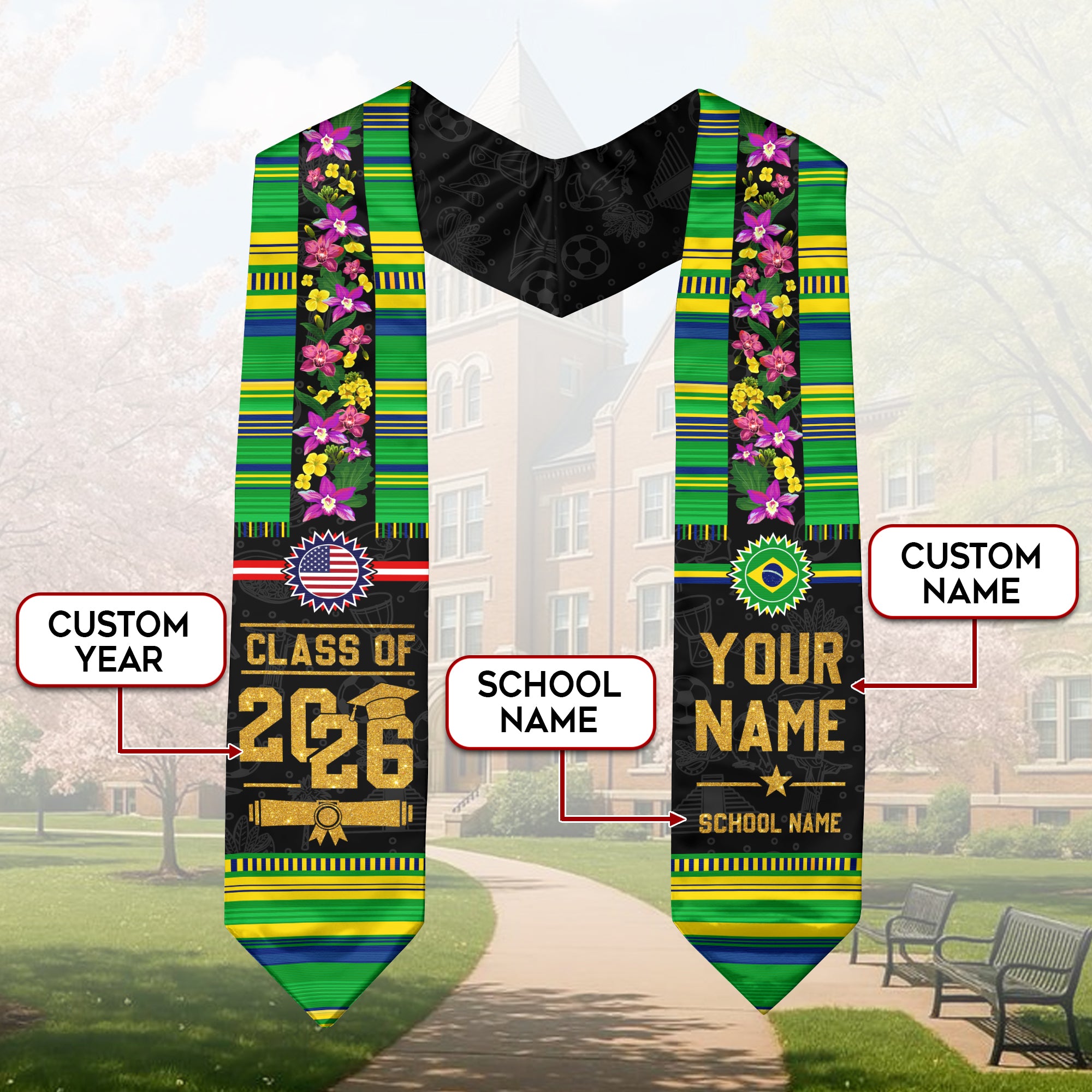 Brazil Flag Graduation Stole 2026, Brazil Stole Sash, Custom Grad Sash for Class of 2026