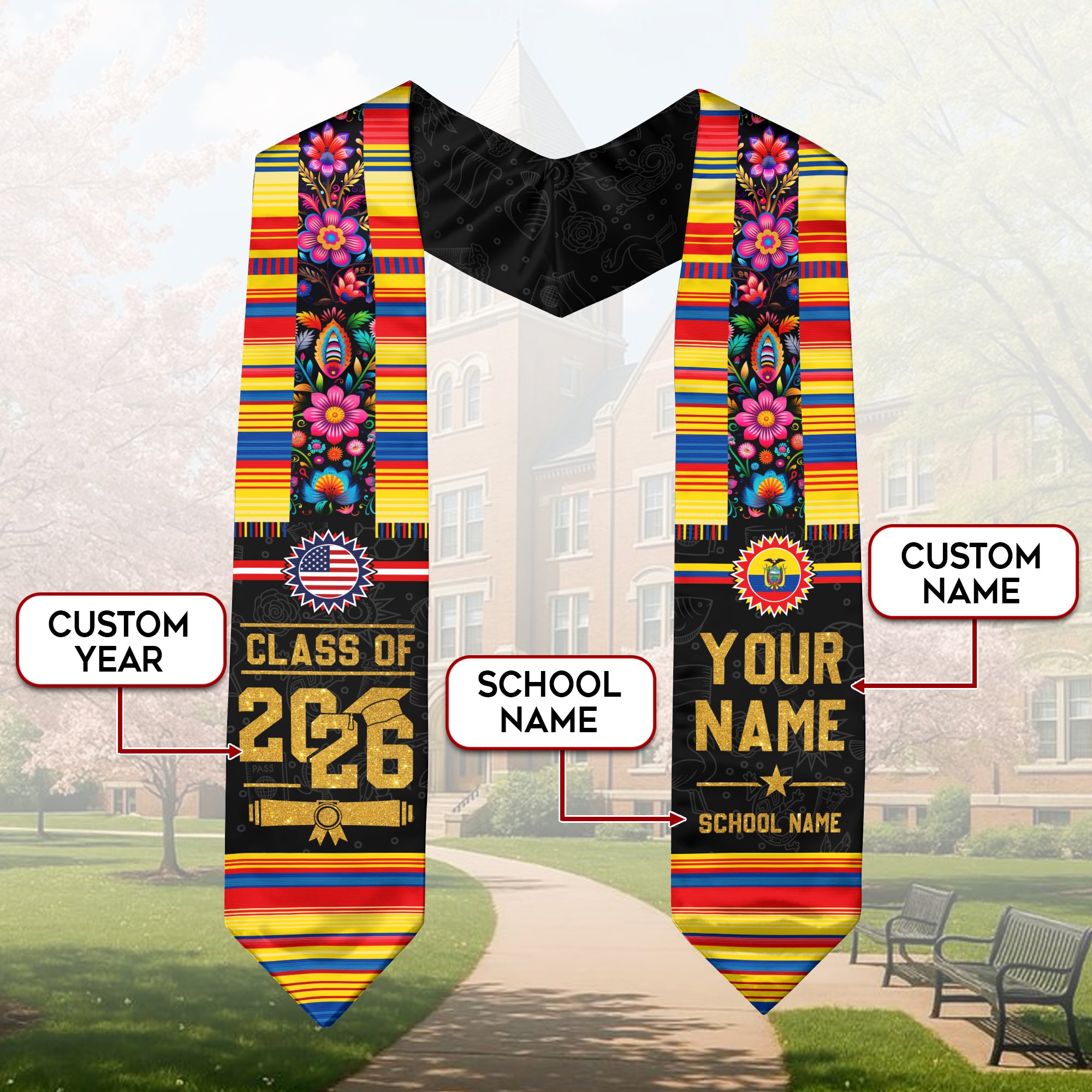 Ecuador Flag Graduation Stole 2026, Ecuador Stole Sash, Custom Grad Sash Class of 2026