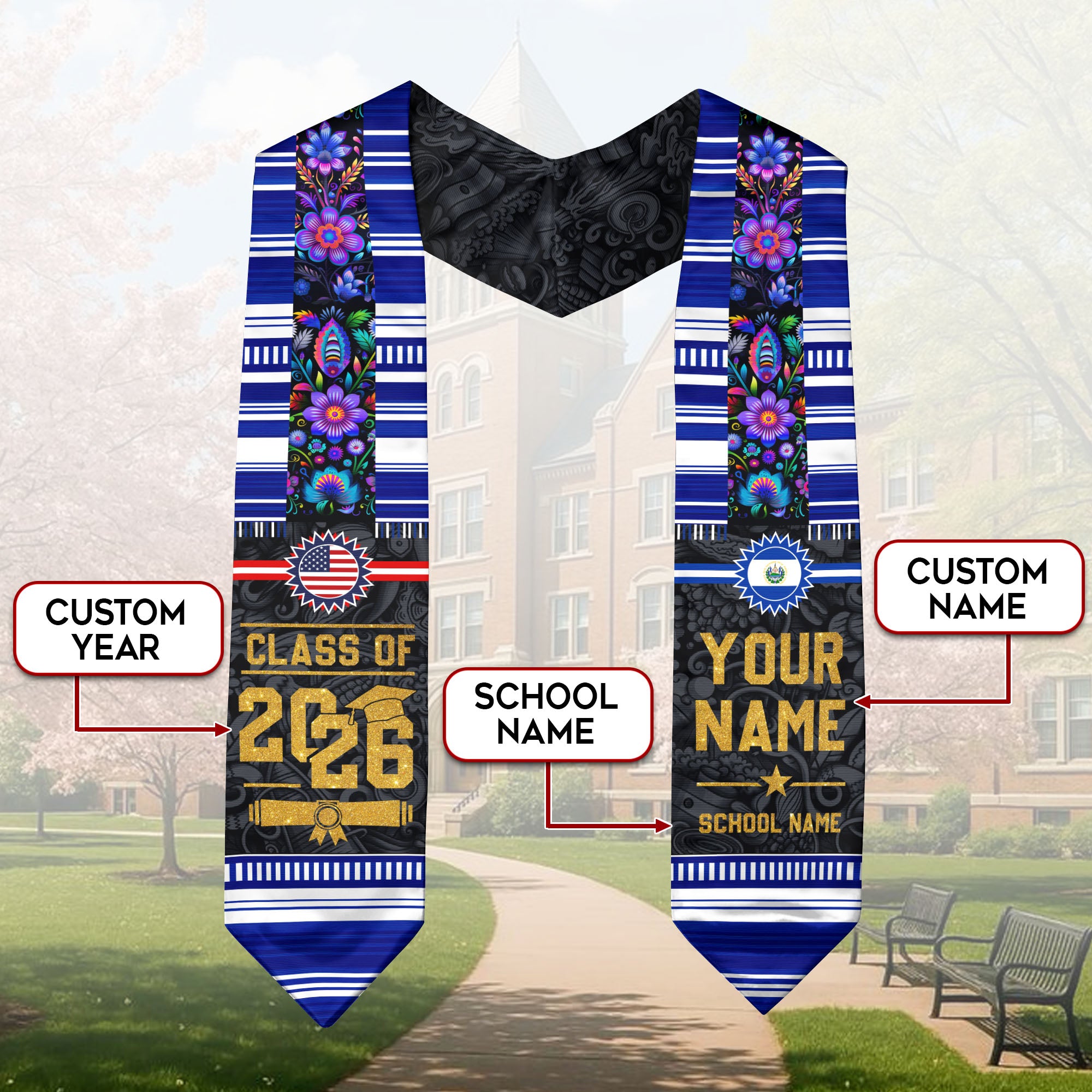 Class of 2026 El Salvador Graduation Sash, Salvadoran Flag Stole, Graduation Stole