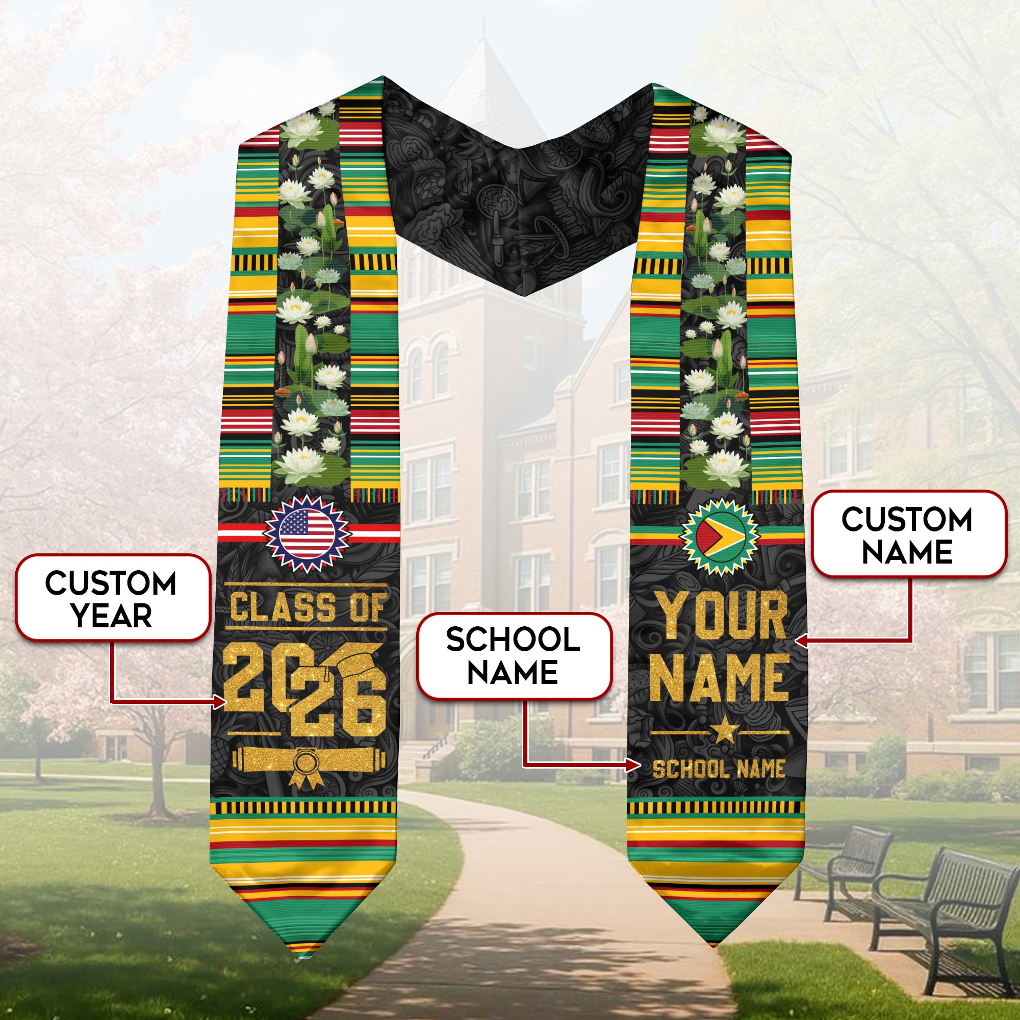 Guyana Flag Graduation Stole 2026, Guyana Stole Sash, Custom Grad Sash Class of 2026