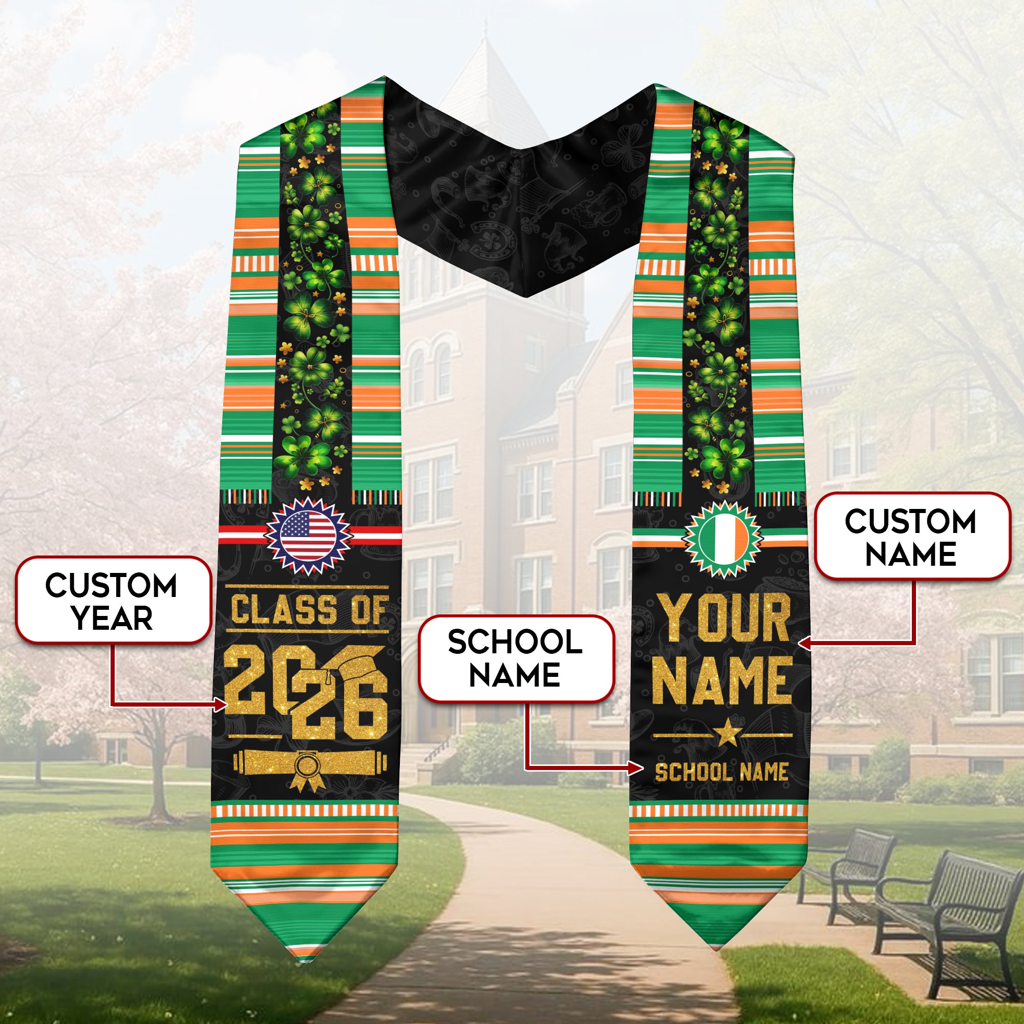 Ireland Flag Graduation Stole 2026, Ireland Stole Sash, Custom Grad Sash Class of 2026