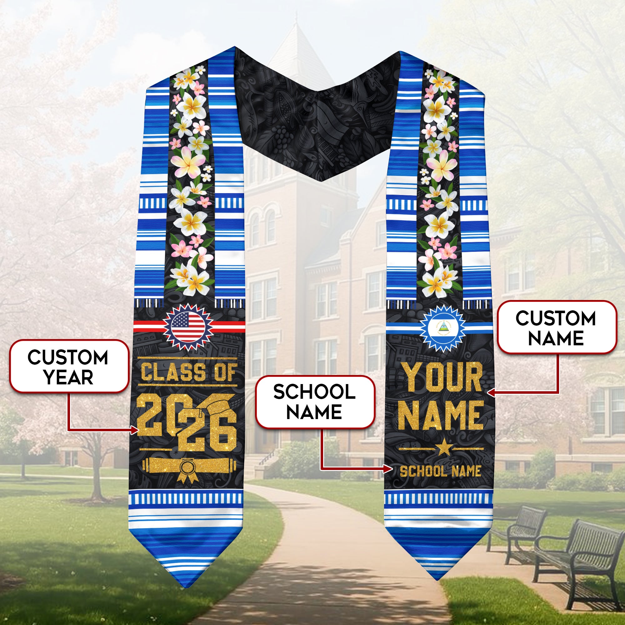 Nicaragua Flag Graduation Stole 2026, Nicaraguan Graduation Sash, Personalized Finish