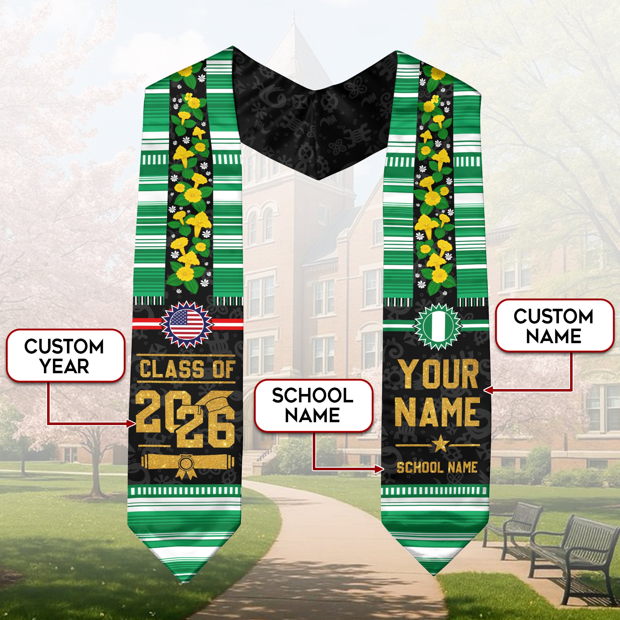 Nigeria Flag Graduation Stole 2026, Nigerian Graduation Sash, Personalized Finish