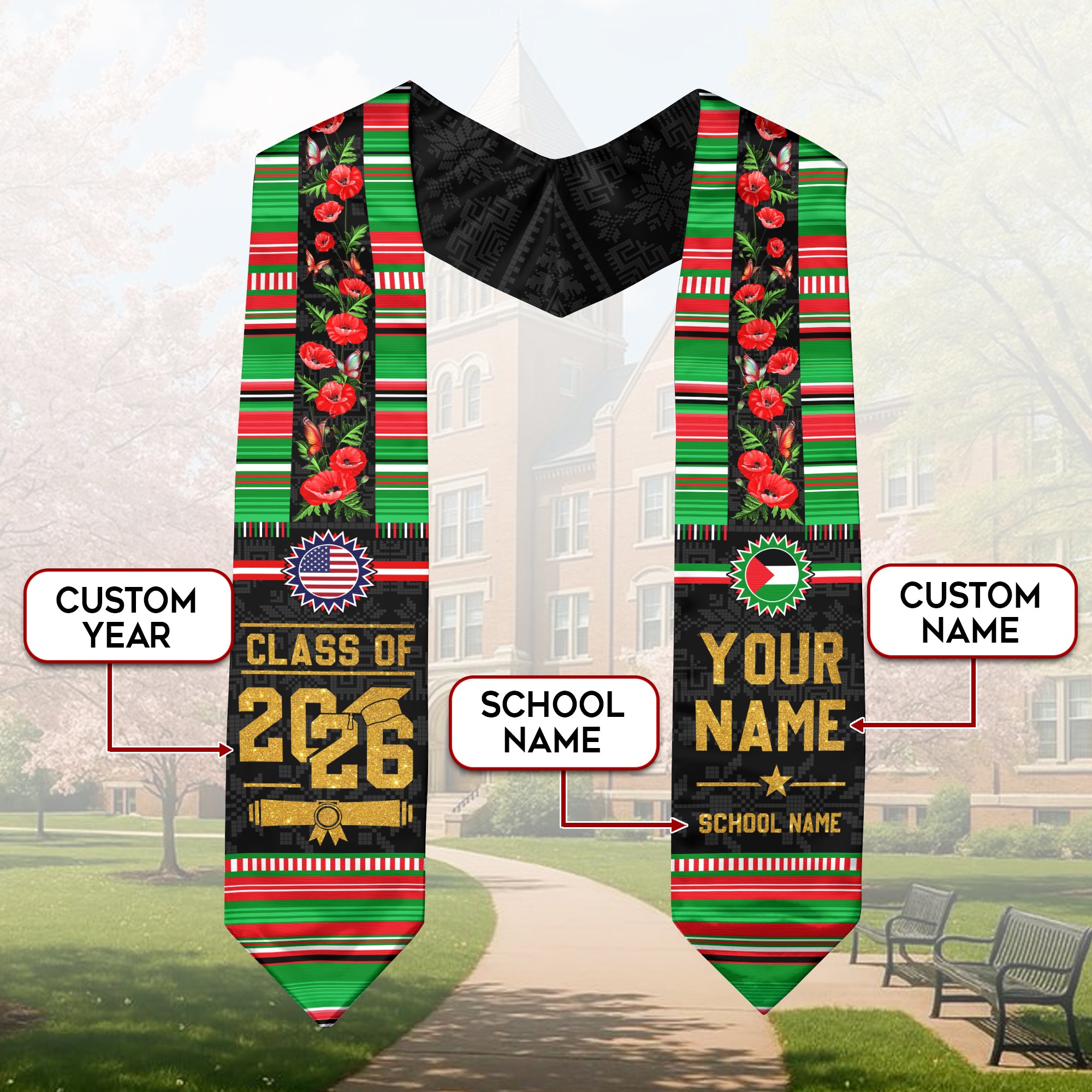 Palestine Flag Graduation Stole 2026, Palestinian Graduation Sash, Personalized Finish
