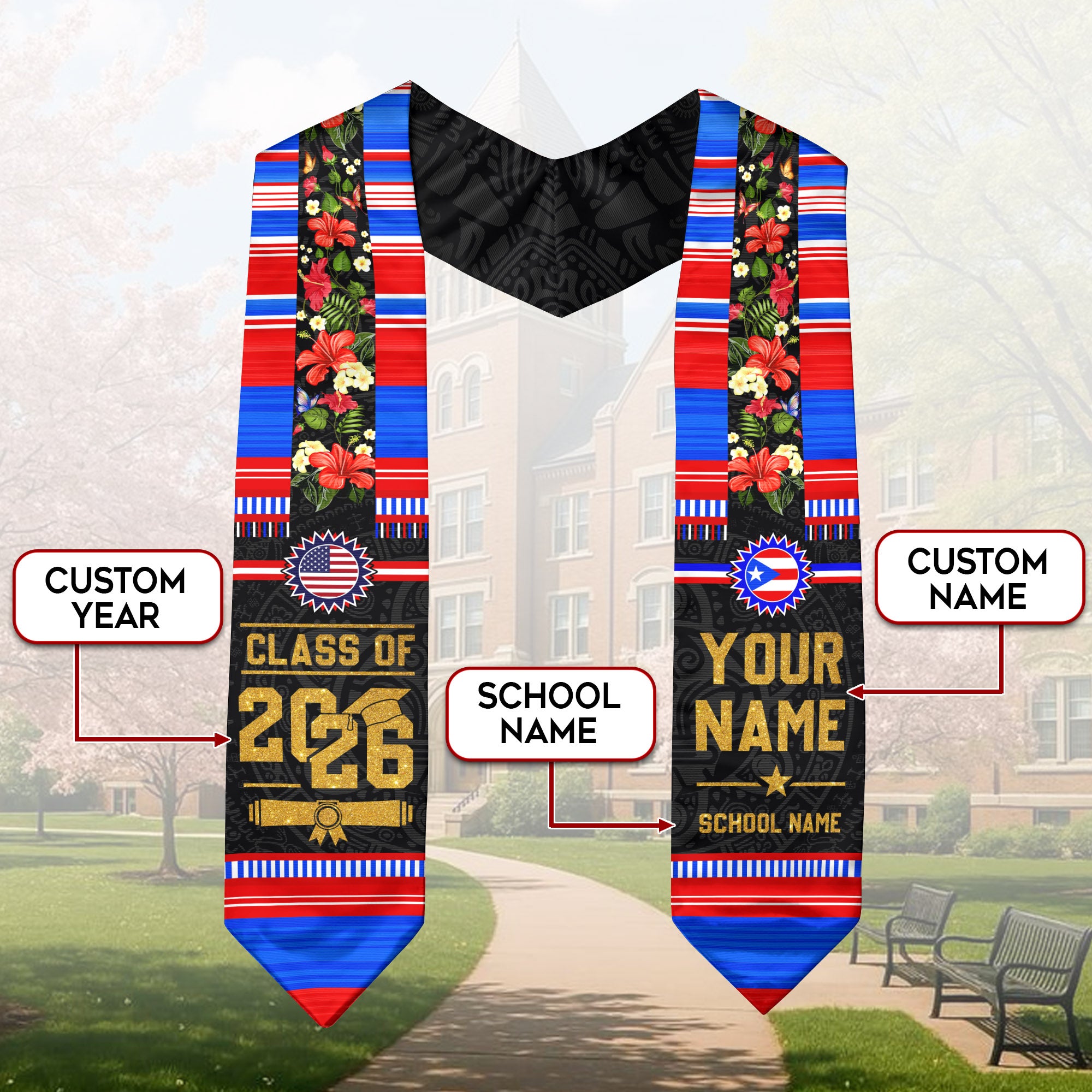 Puerto Rico Flag Graduation Stole 2026, Puerto Rican Graduation Sash, Personalized Finish