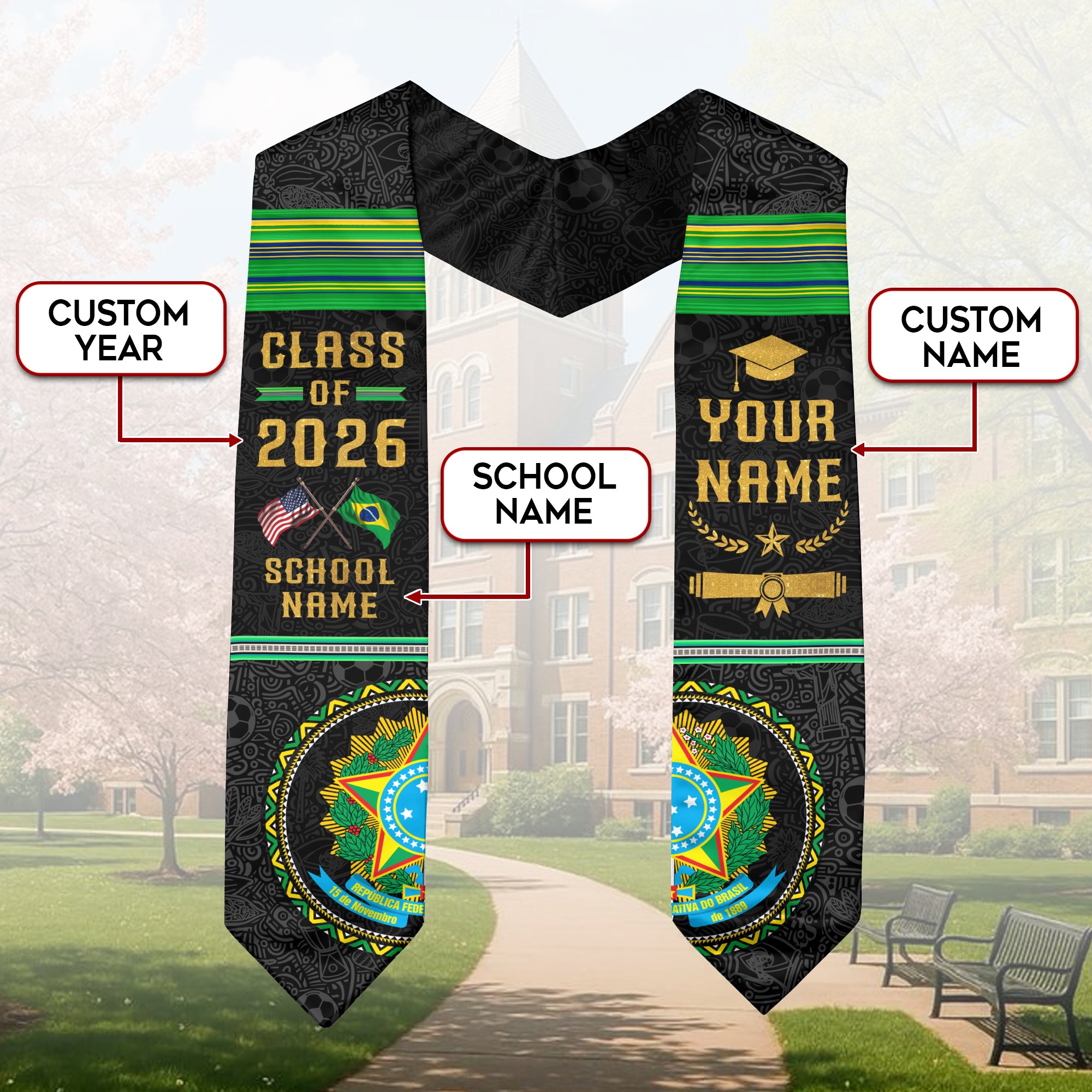Custom Brazil Graduation Sash 2026, Brazilian Flag Stole, Brazil Graduation Stole 2026