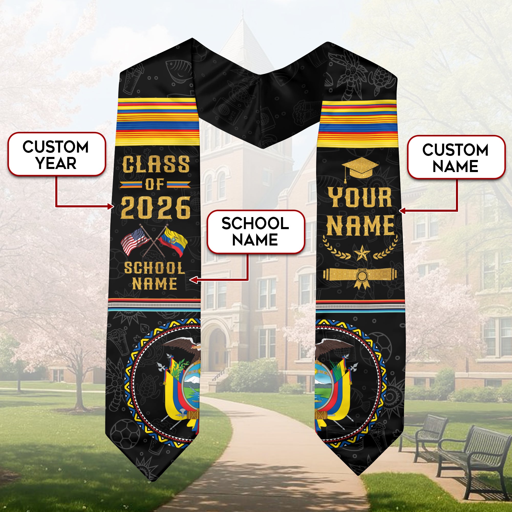 Custom Ecuador Graduation Sash 2026, Ecuadorian Flag Stole, Ecuador Graduation Stole 2026