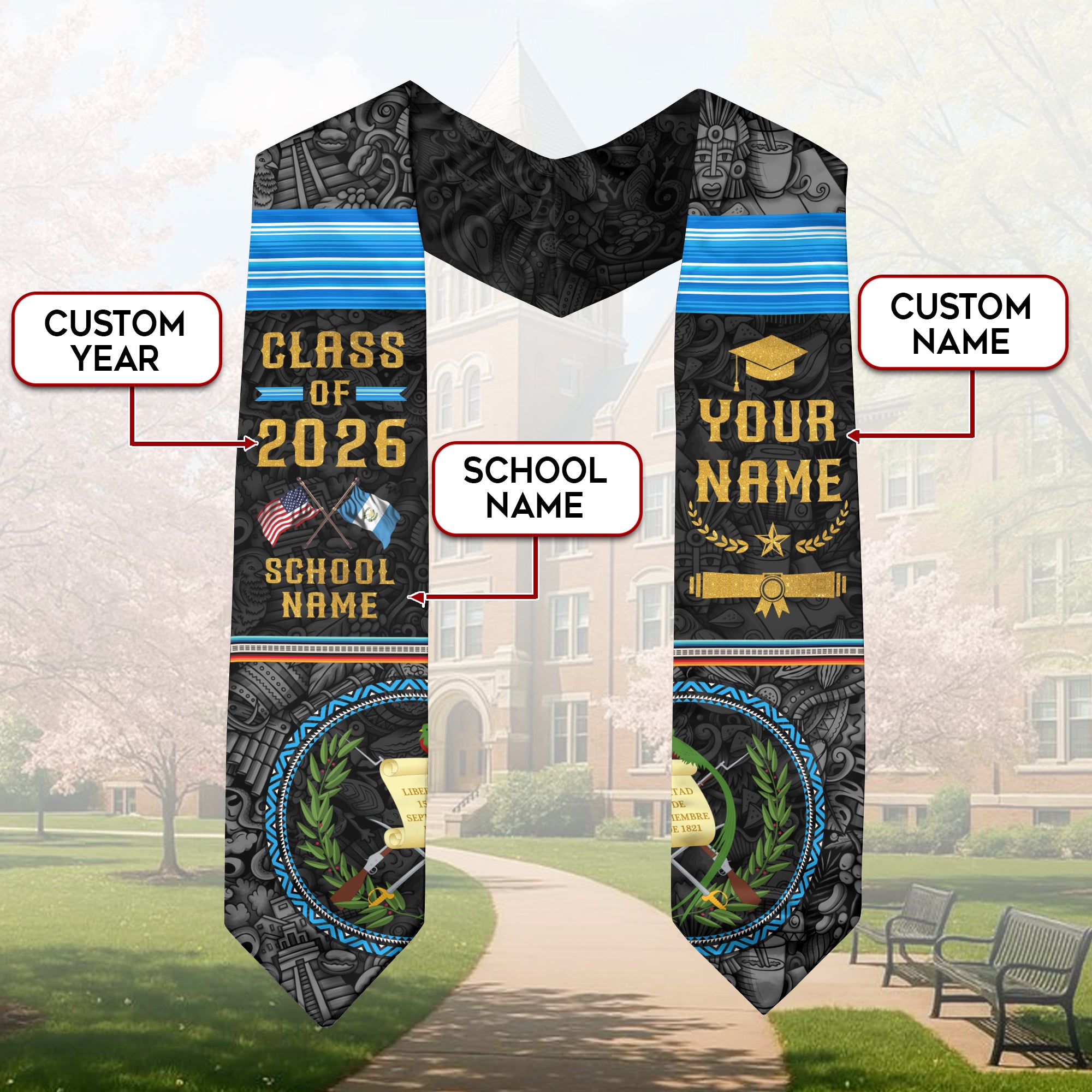 Customized Guatemalan Flag Graduation Sash 2026, Guatemala Graduation Stole, Custom Academic Style