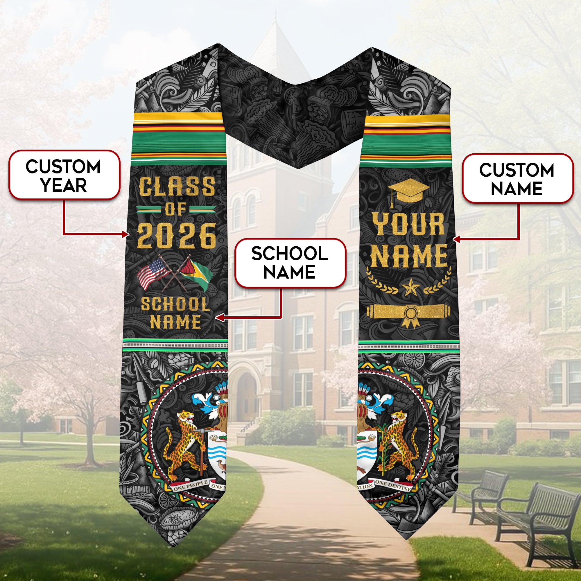 Custom Guyana Graduation Sash 2026, Guyanese Flag Stole, Guyana Graduation Stole 2026