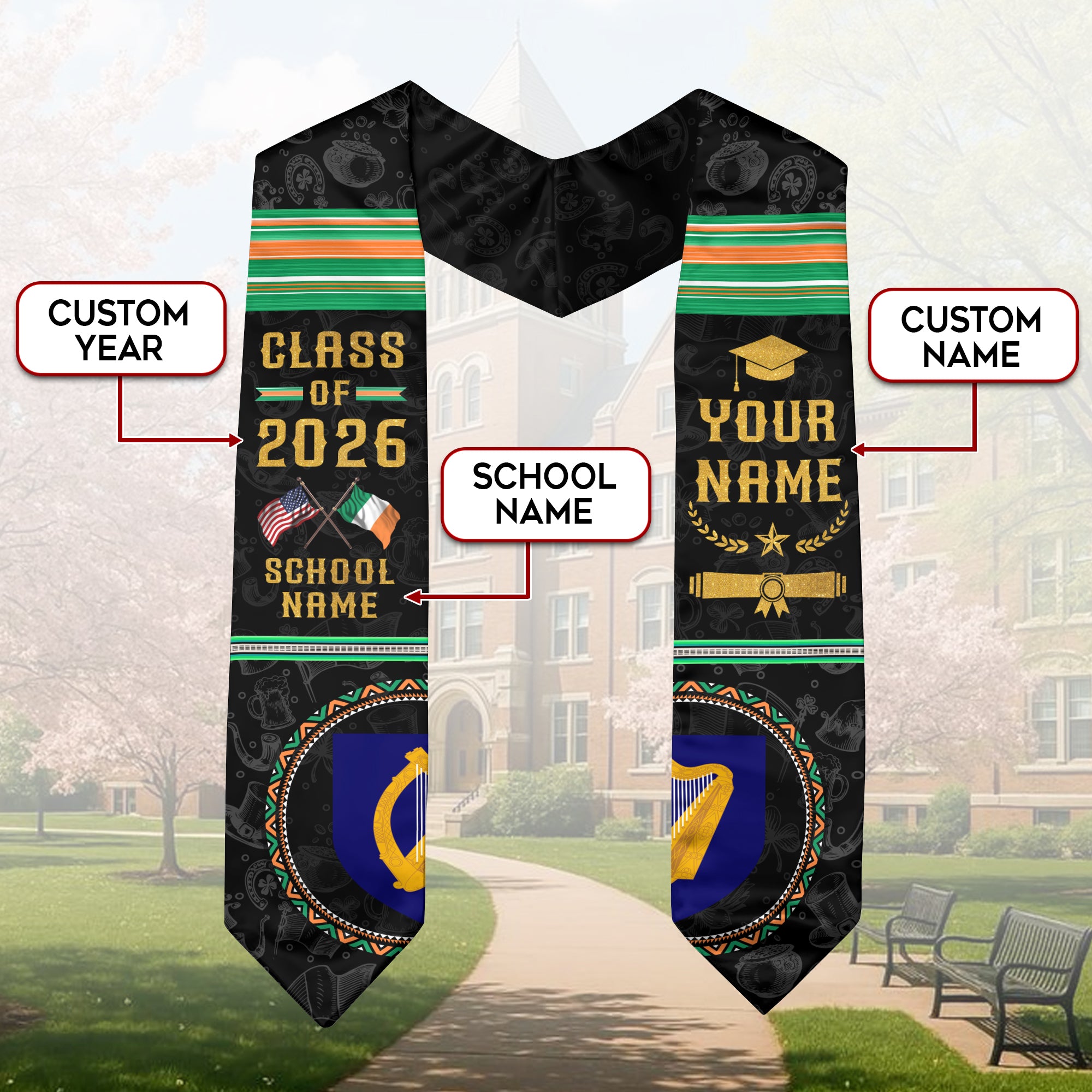 Custom Ireland Graduation Sash 2026, Irish Flag Stole, Ireland Graduation Stole for Grads