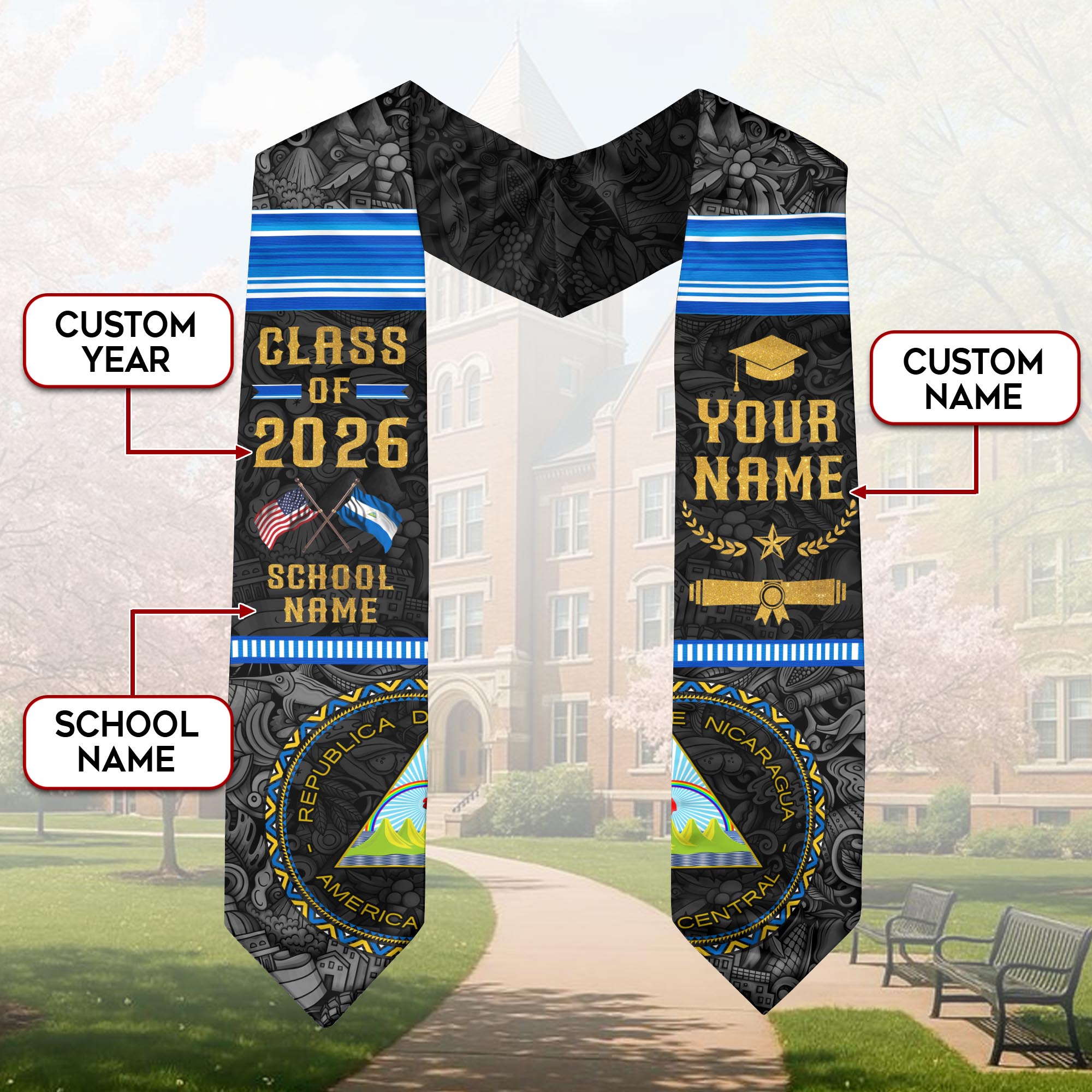 Nicaraguan Graduation Stole 2026, Nicaragua Flag Sash, Graduation Stole with Custom Details