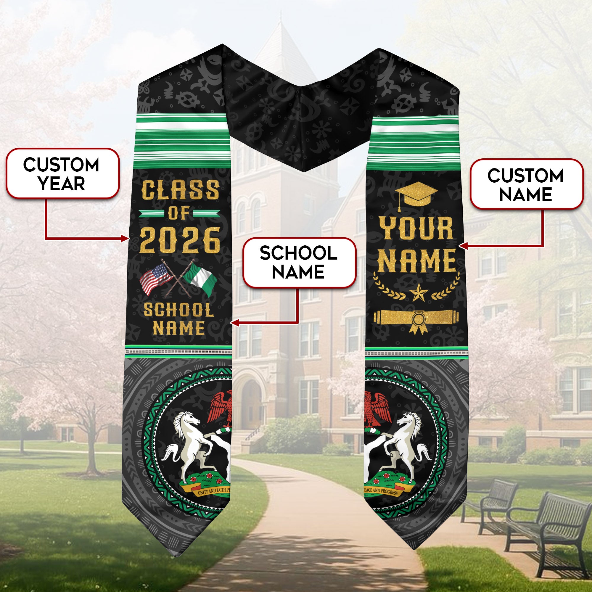 Nigerian Graduation Stole 2026, Nigeria Flag Sash, Graduation Stole with Custom Details