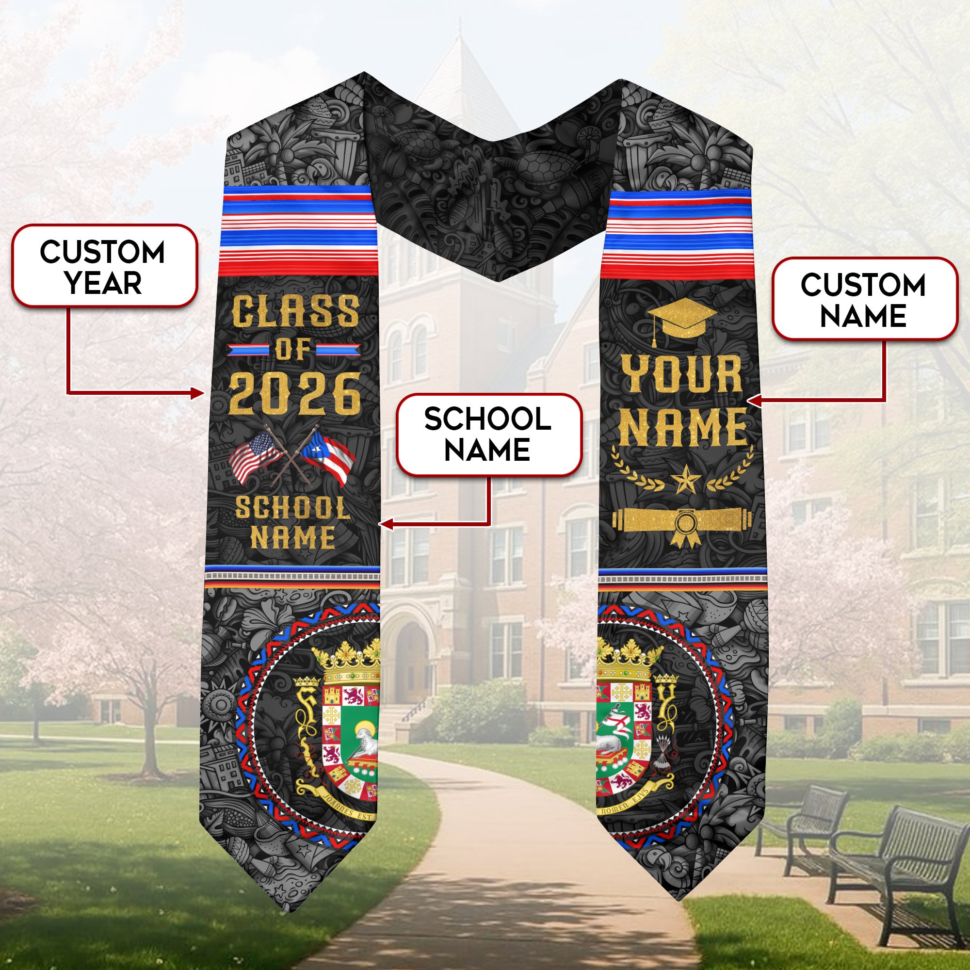 Puerto Rican Graduation Stole 2026, Puerto Rico Flag Sash, Graduation Stole with Custom Details