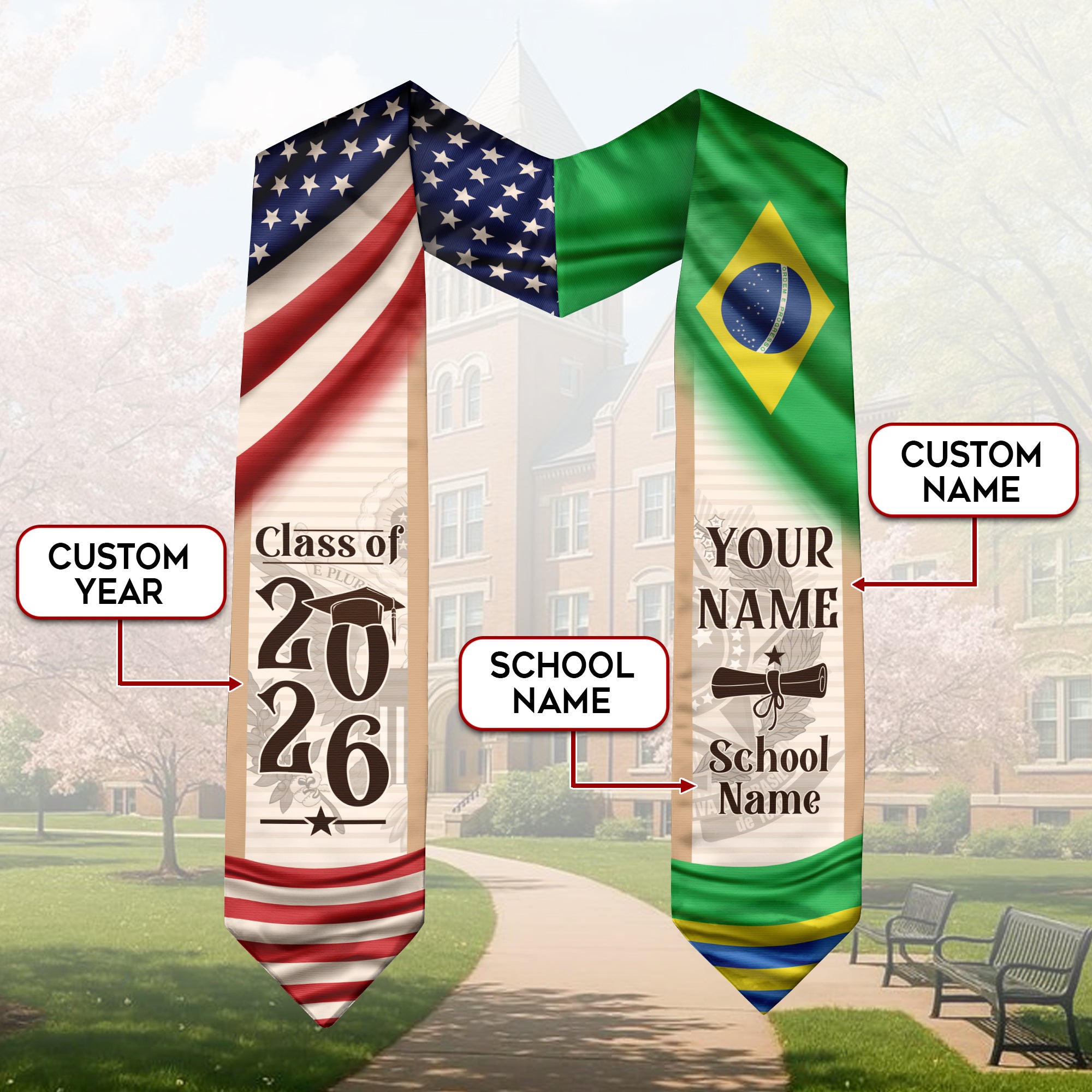 Brazil Graduation Sash 2026, Brazilian Flag Graduation Stole, Custom Brazil Grad Stole