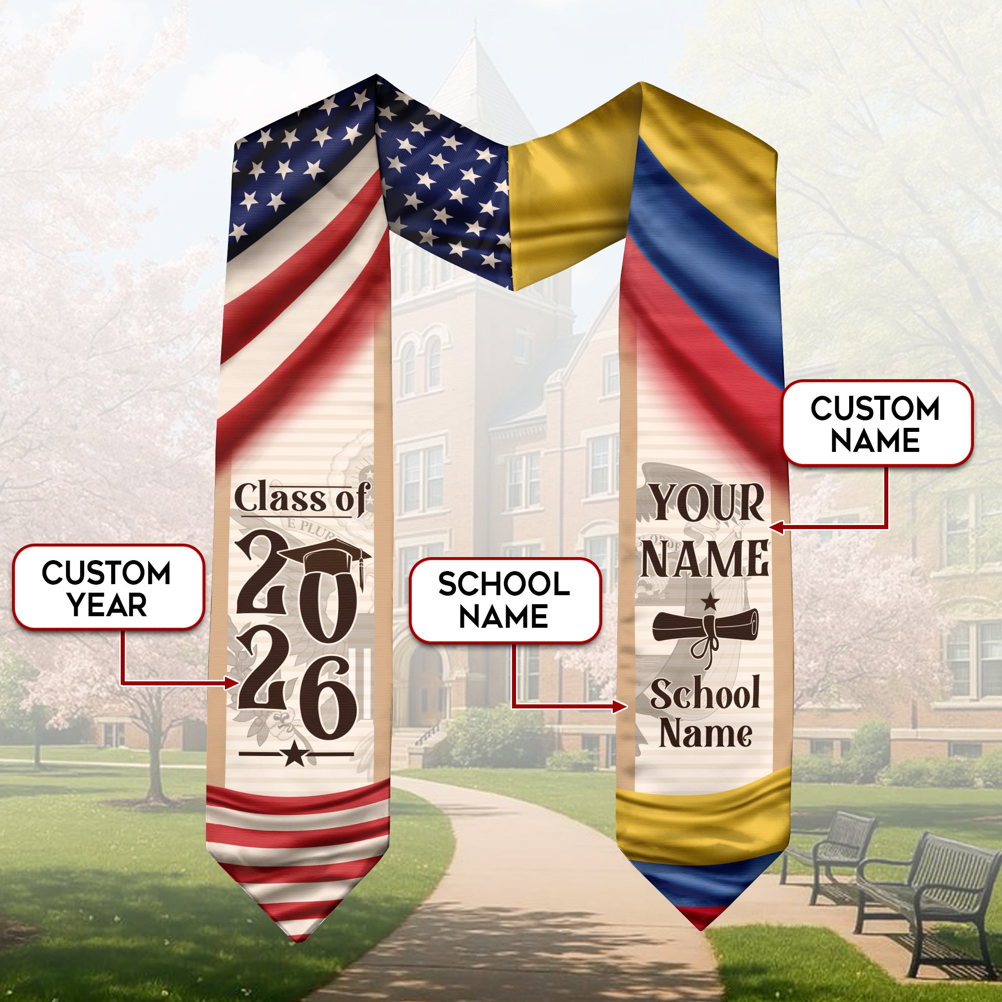 Graduation Stole Colombia 2026, Elegant Colombian Flag Sash for Formal Commencement Ceremony