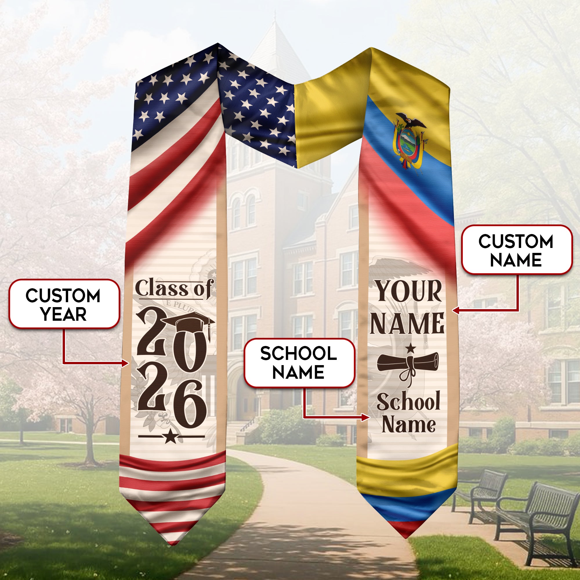 Ecuador Graduation Sash 2026, Ecuadorian Flag Graduation Stole, Custom Ecuador Grad Stole