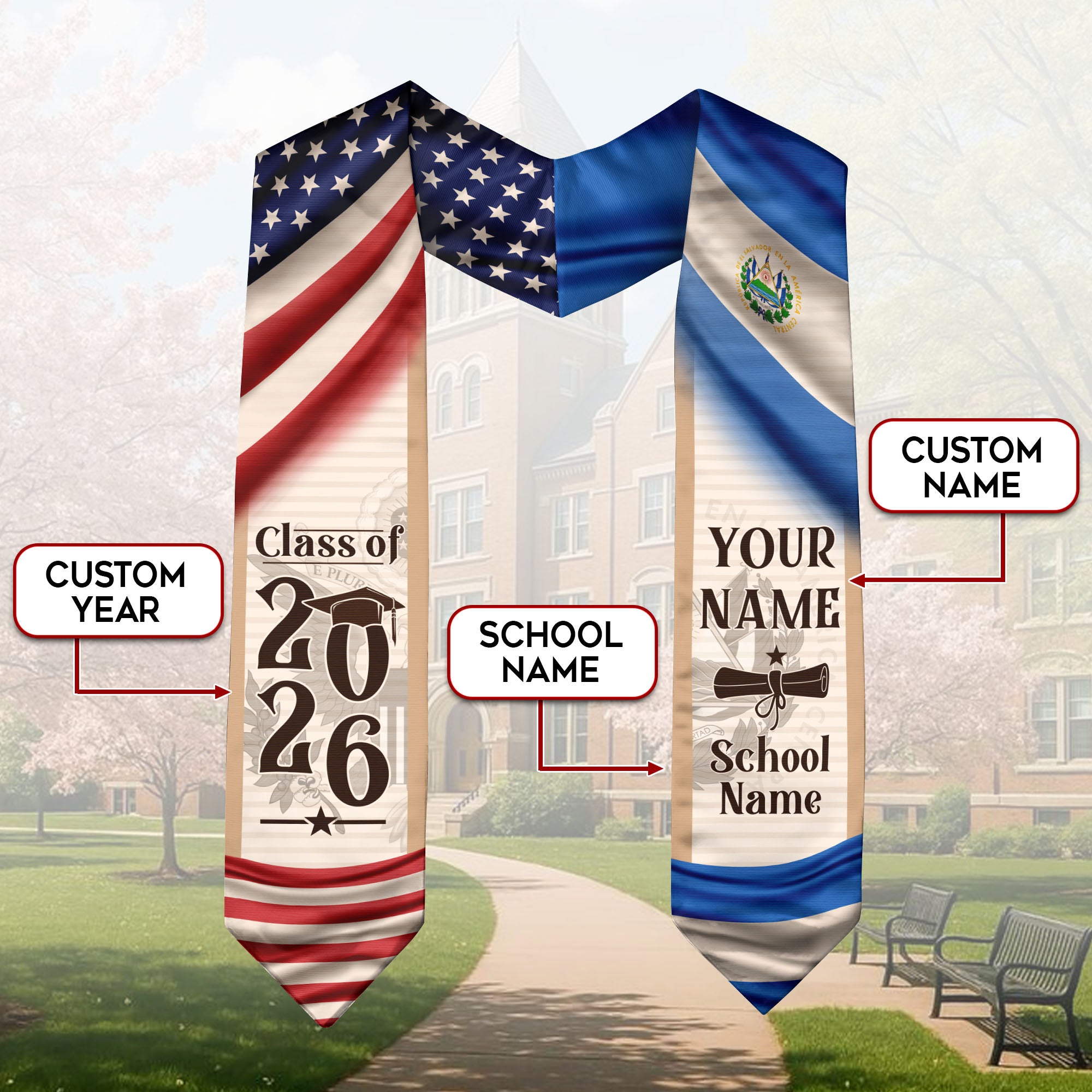 Salvadoran Graduation Stole 2026, El Salvador Flag Sash for Graduation, Grad Accessory